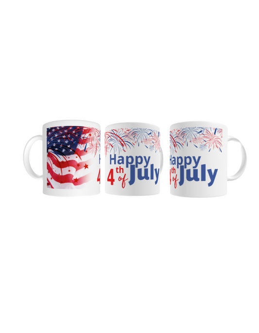 4th of July #02 "Happy 4th of July" w/ Flag & Fireworks Full Wrap White Glossy Mug