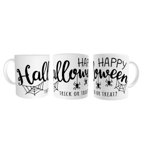 Halloween #01 "Happy Halloween Trick or Treat" w/ Two Spiders Full Wrap White glossy mug