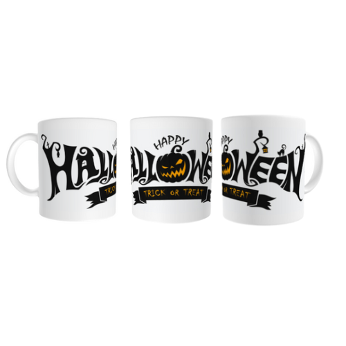 Halloween #03 "Happy Halloween" w/ Jack-o'-lantern as O in Halloween Full Wrap White glossy mug