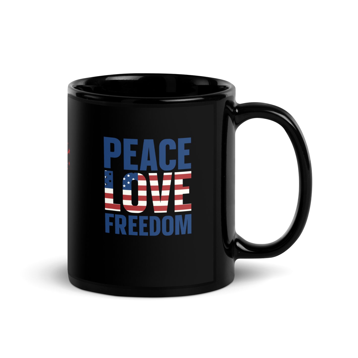 God Bless America #01 "PEACE LOVE FREEDOM" Black Glossy Mug