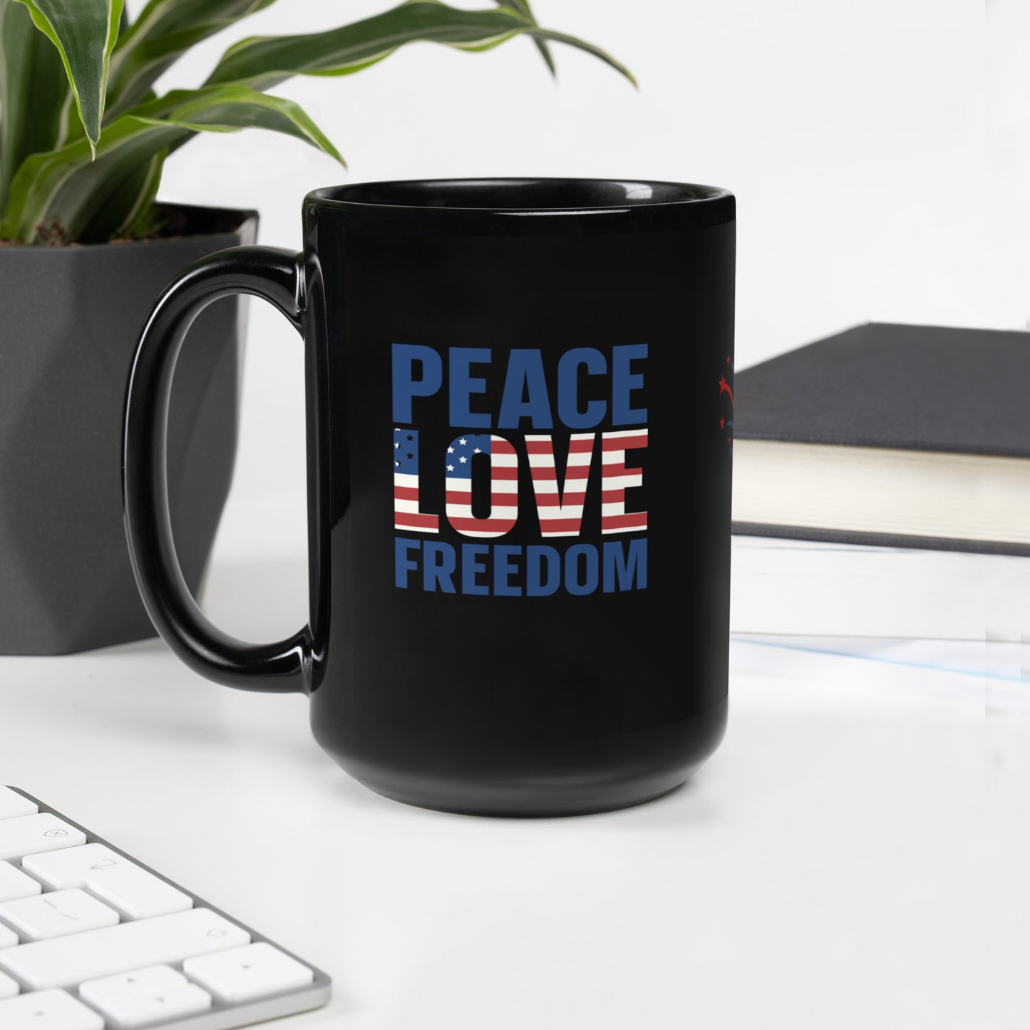 God Bless America #01 "PEACE LOVE FREEDOM" Black Glossy Mug