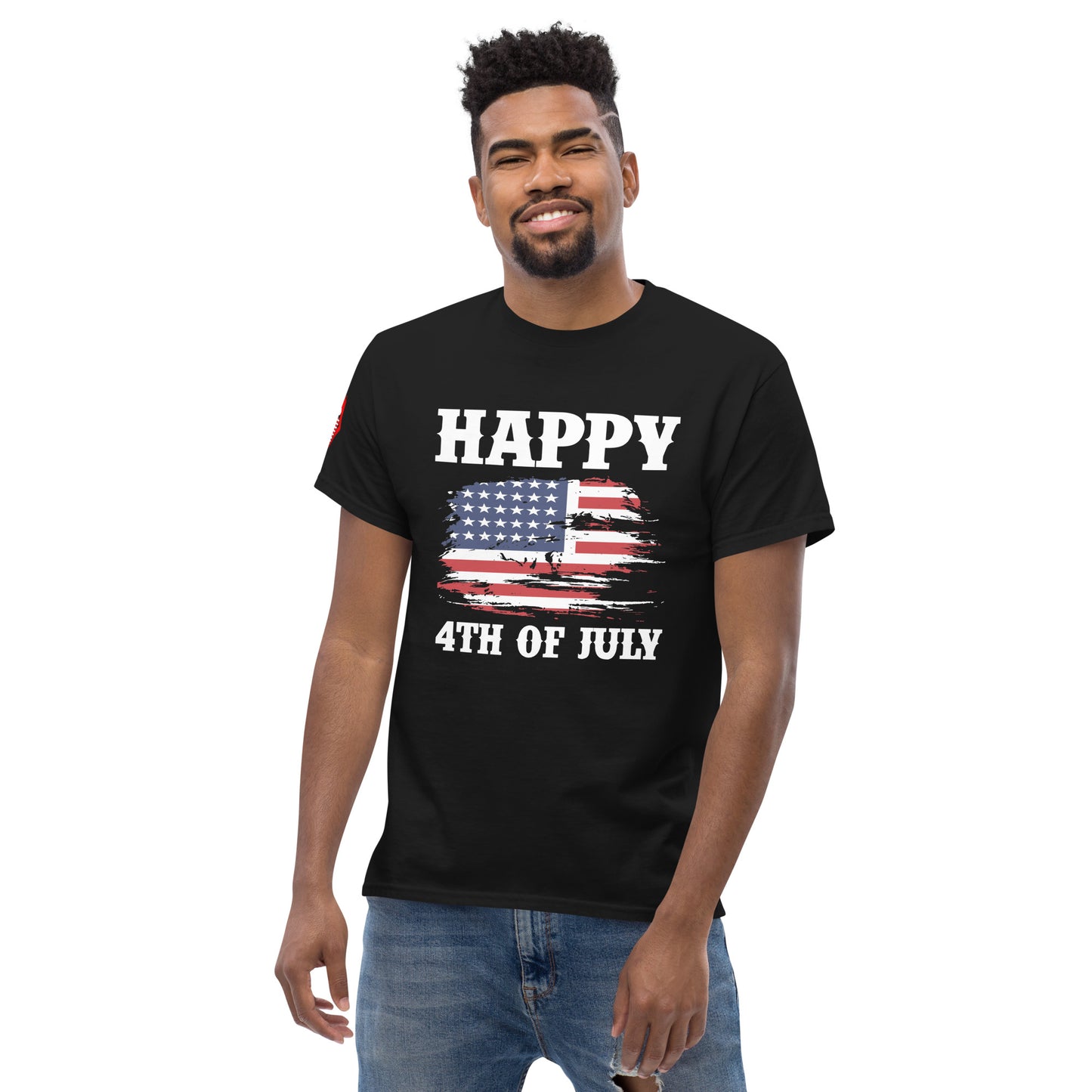 4th of July #19 "Happy 4TH OF JULY" w/ Patriotic Tongue on Right Shoulder Men's Classic Tee Short Sleeve