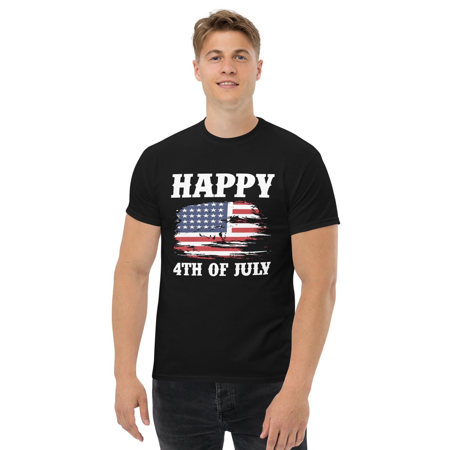 4th of July #19 "Happy 4TH OF JULY" w/ Patriotic Tongue on Right Shoulder Men's Classic Tee Short Sleeve