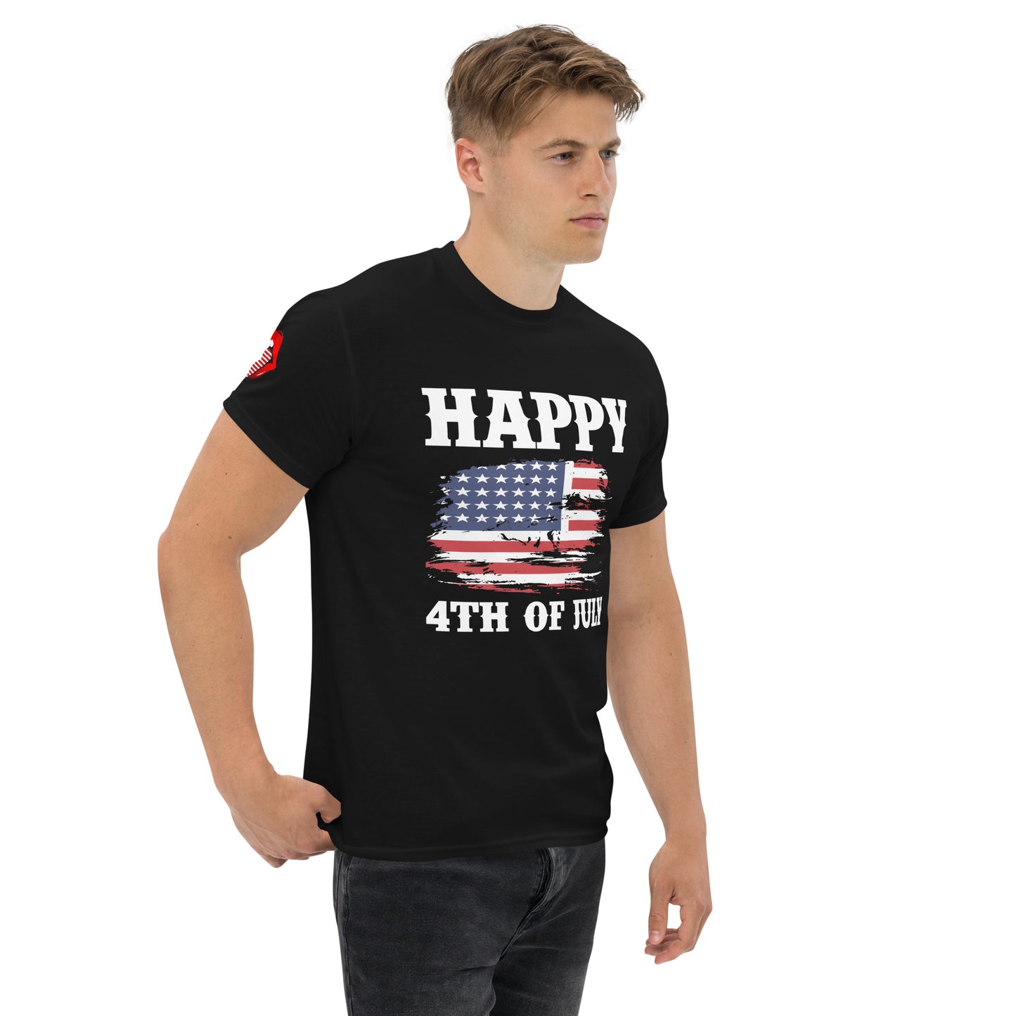 4th of July #19 "Happy 4TH OF JULY" w/ Patriotic Tongue on Right Shoulder Men's Classic Tee Short Sleeve