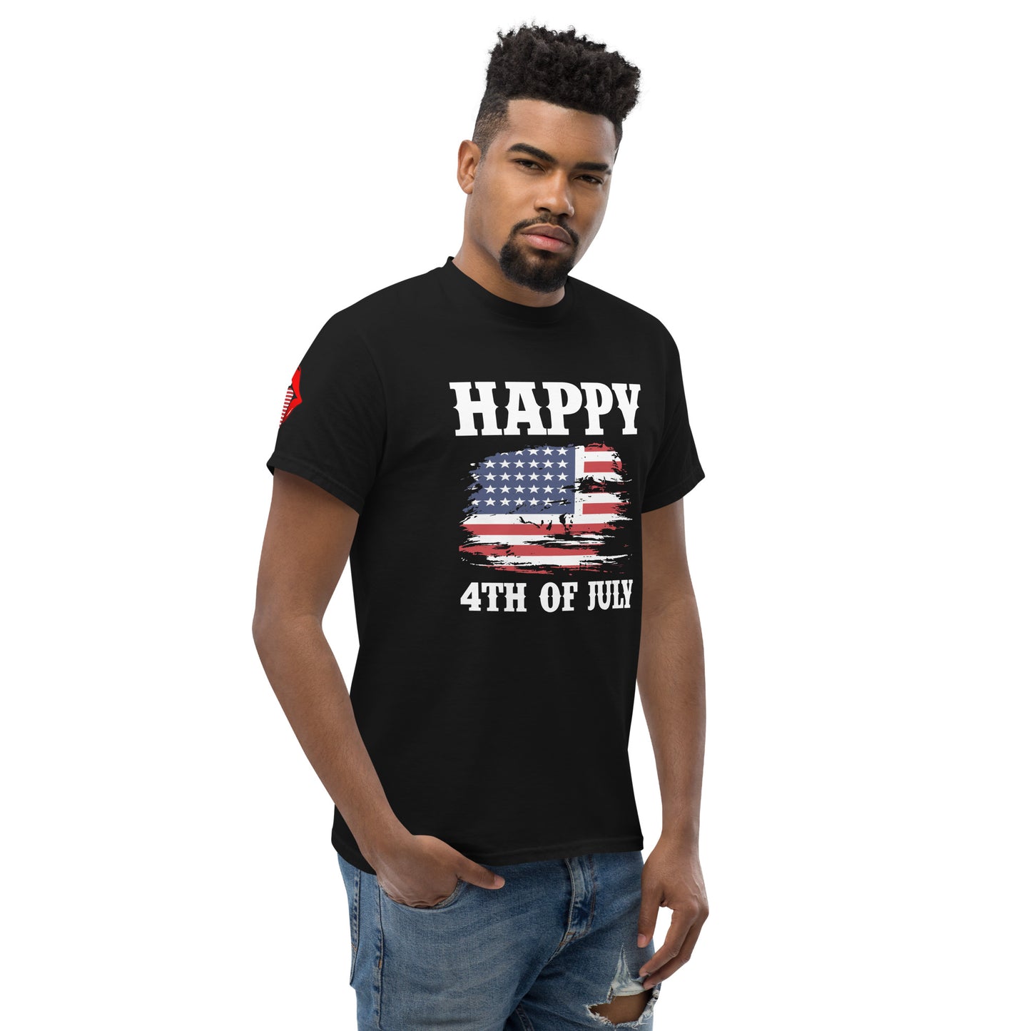 4th of July #19 "Happy 4TH OF JULY" w/ Patriotic Tongue on Right Shoulder Men's Classic Tee Short Sleeve