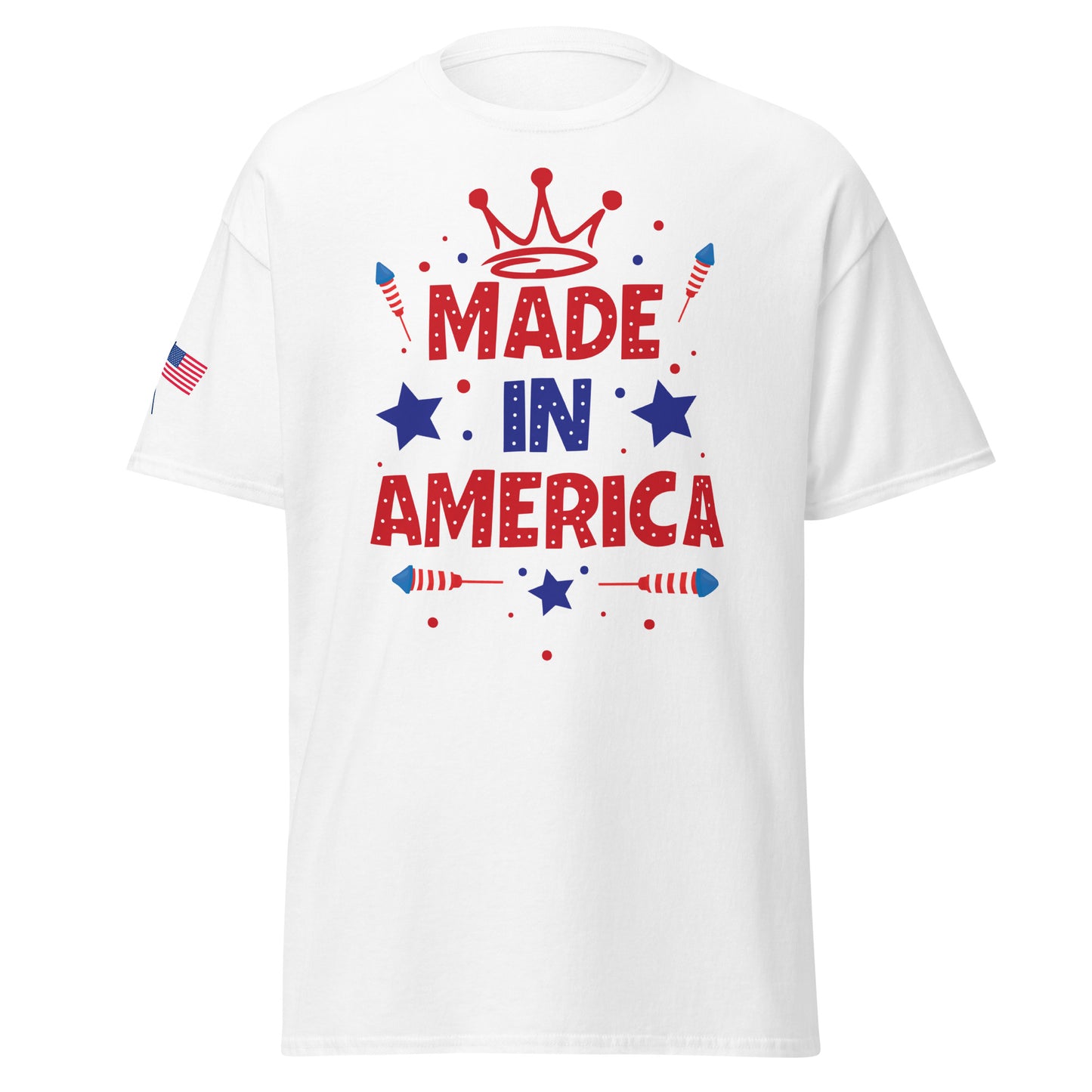 4th of July #18 "MADE IN AMERICA" w/ crossing American Flags on right shoulder  Men's Classic Tee Short Sleeve