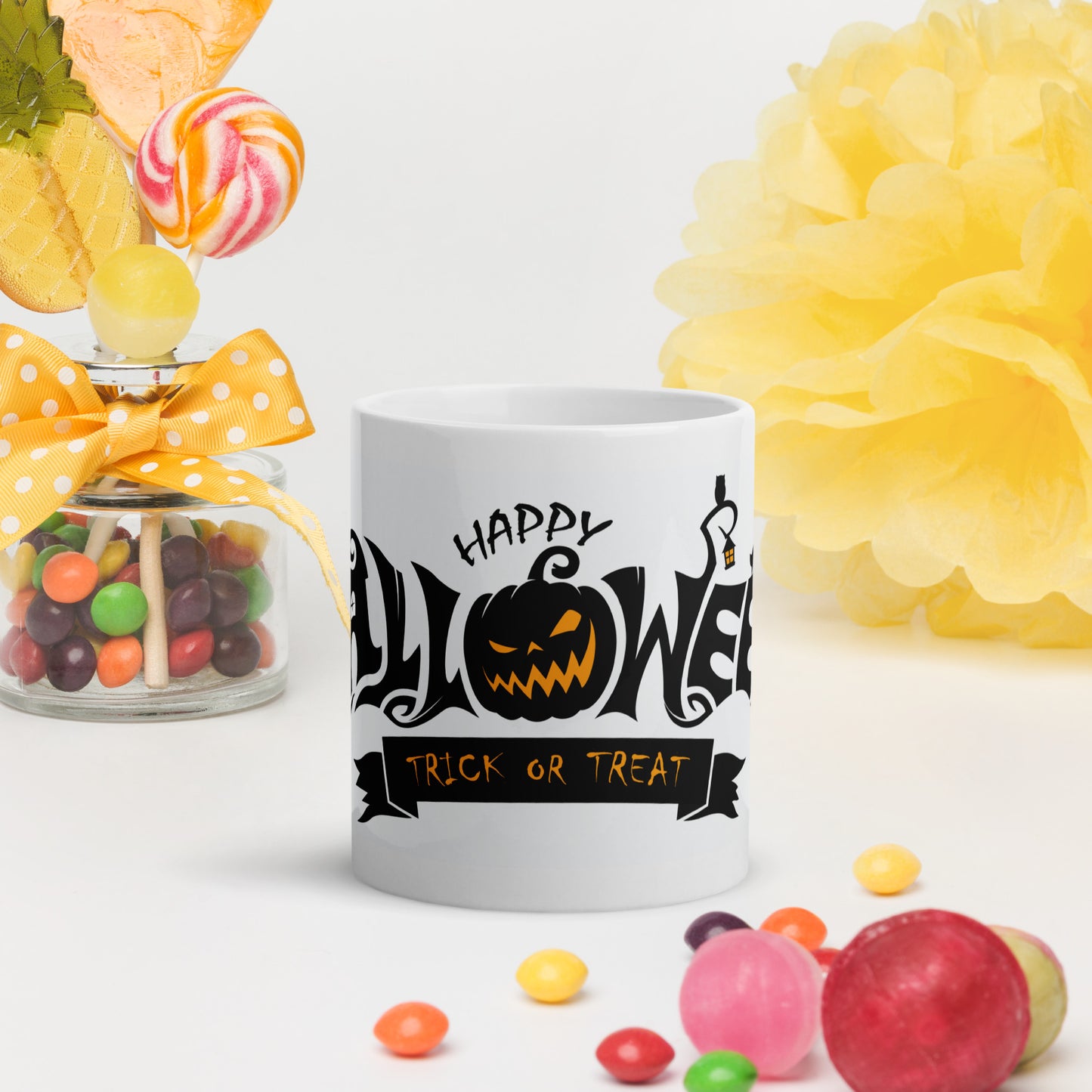 Halloween #03 "Happy Halloween" w/ Jack-o'-lantern as O in Halloween Full Wrap White glossy mug