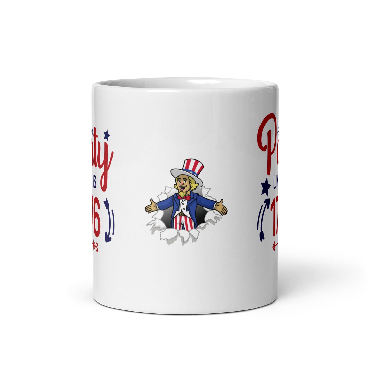 4th of July #20 "Party LIKE IT IS 1776" w/ Uncle Sam Image Full Wrap White glossy mug