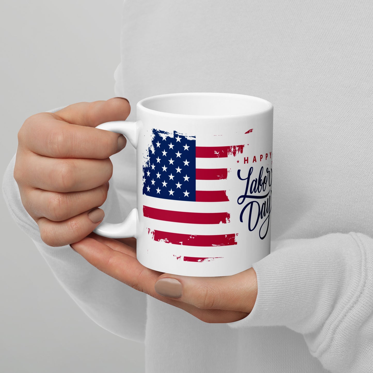 Labor Day #01 "Happy Labor Day" w/ American Flag Offset Left White glossy mug