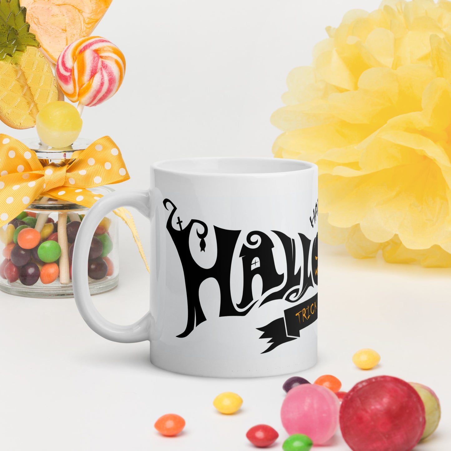 Halloween #03 "Happy Halloween" w/ Jack-o'-lantern as O in Halloween Full Wrap White glossy mug