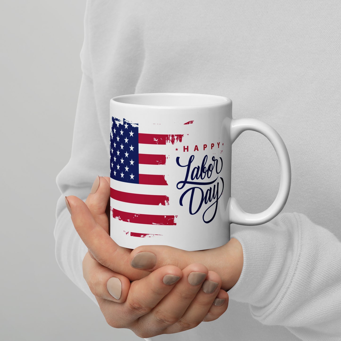 Labor Day #01 "Happy Labor Day" w/ American Flag Offset Left White glossy mug