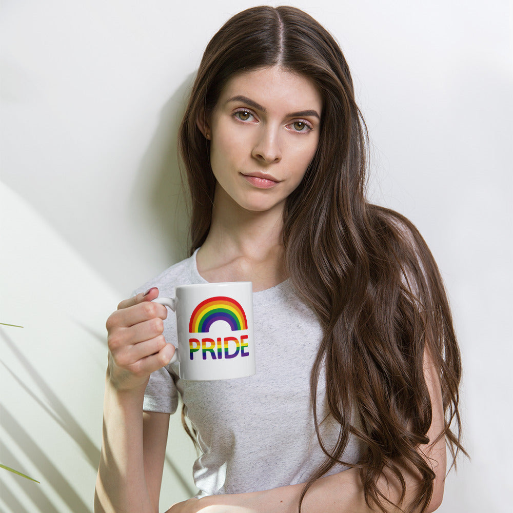 LGBTQ+ #01 Rainbow over "Pride" White glossy mug