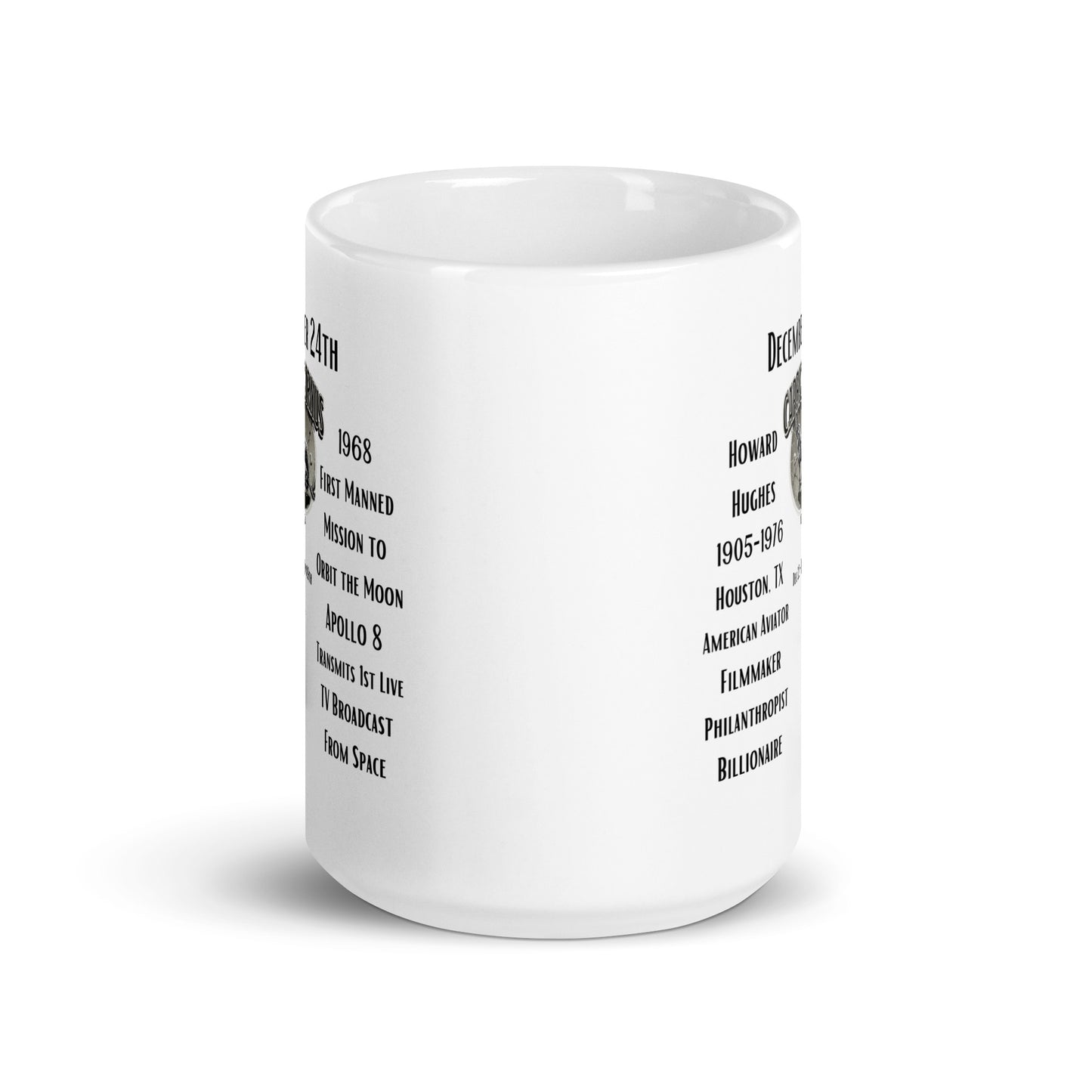 On This Day: Birthday Series - December 24th - (B) Howard Hughes & 1st Live Televised Broadcast from Space - White glossy mug