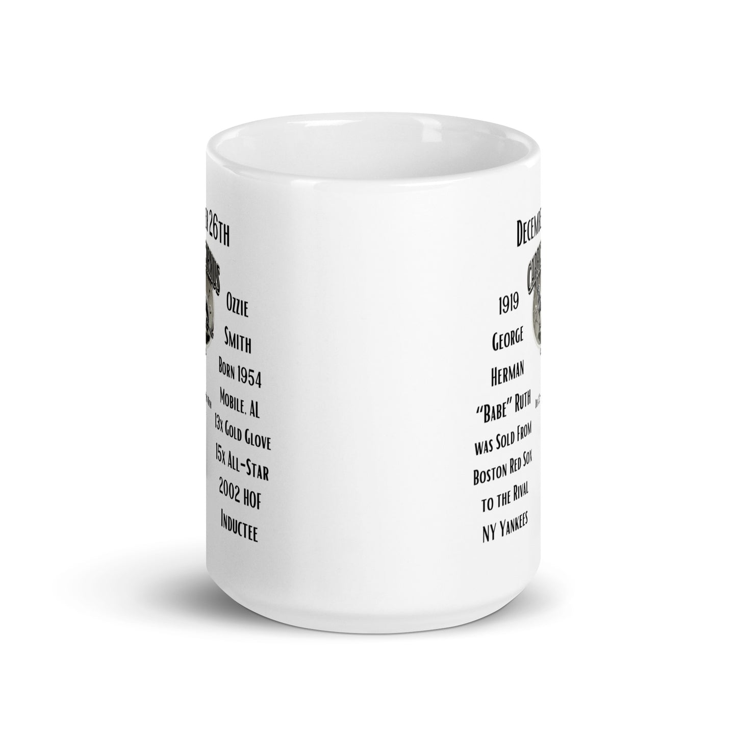 On This Day: Birthday Series - December 26th - (A) Babe Ruth & Ozzie Smith - White glossy mug