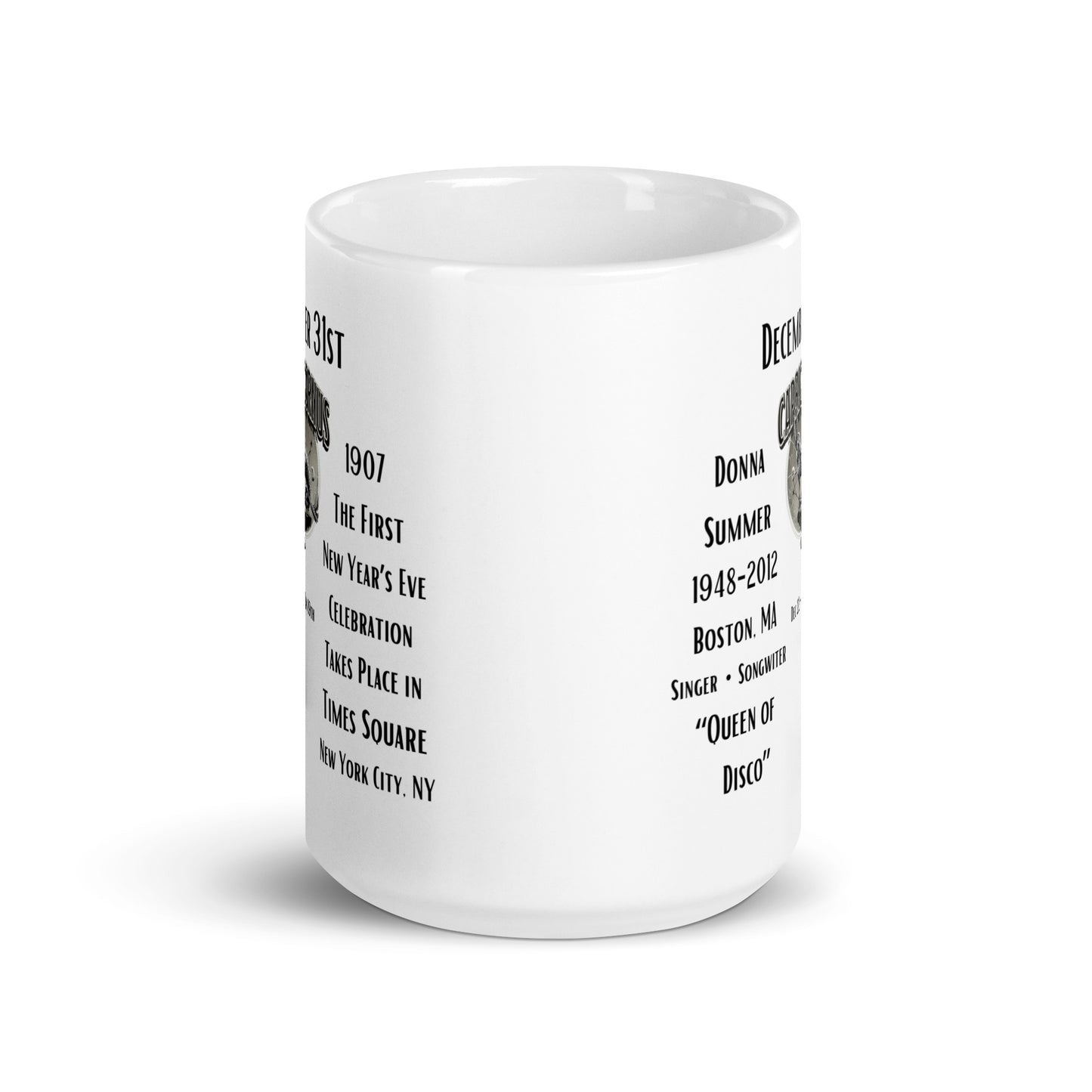 On This Day: Birthday series - December 31st - (B) Donna Summer & Time Square - White glossy mug