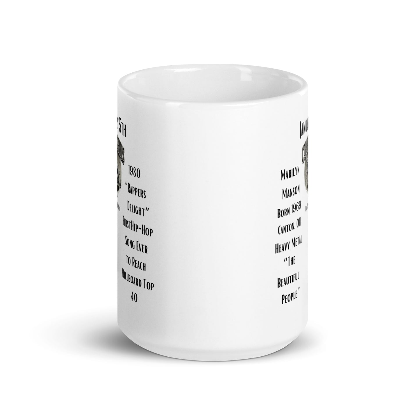 On This Day: Birthday Series - January 05th - (B) Marilyn Manson & "Rappers Delight" - White glossy mug