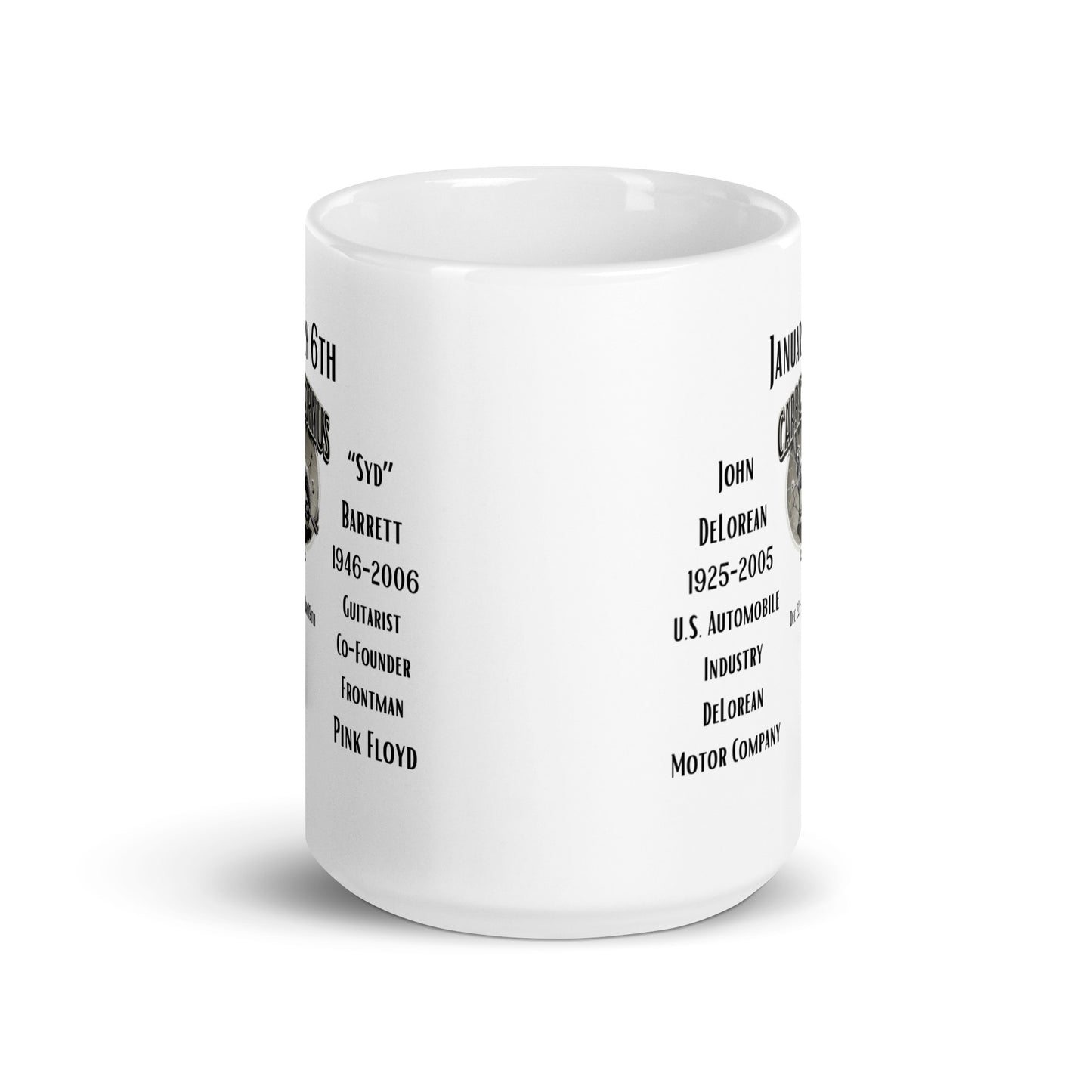 On This Day: Birthday Series - January 06th - (B) John DeLorean & Syd Barrett - White glossy mug