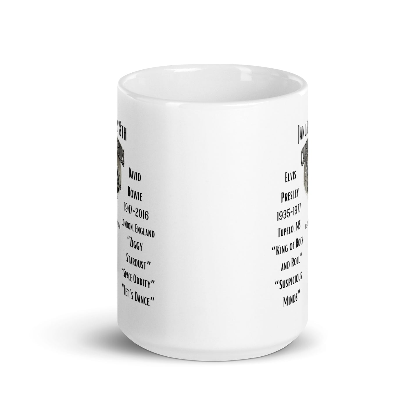 On This Day: Birthday Series - January 08th - (A) Elvis Presley & David Bowie - White glossy mug