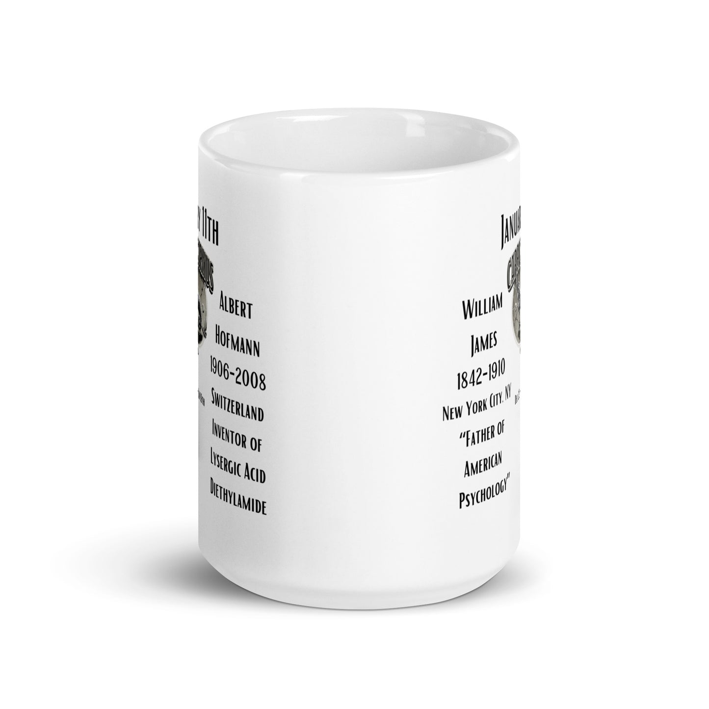 On This Day: Birthday Series - January 11th - (A) Willian James & Albert Hofmann - White glossy mug