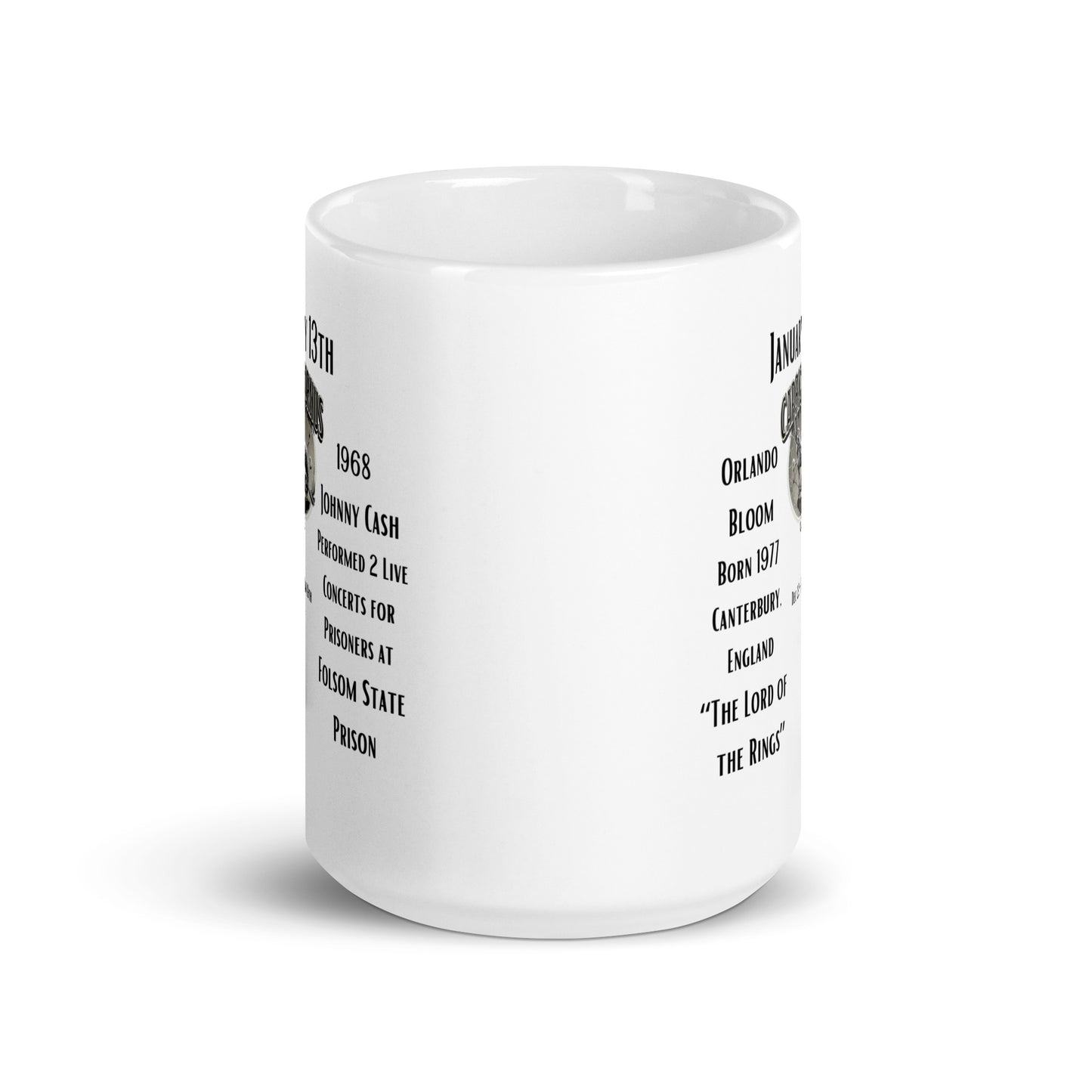 On This Day: Birthday Series - January 13th - (B) Orlando Bloom & Folsom State Prison - White glossy mug