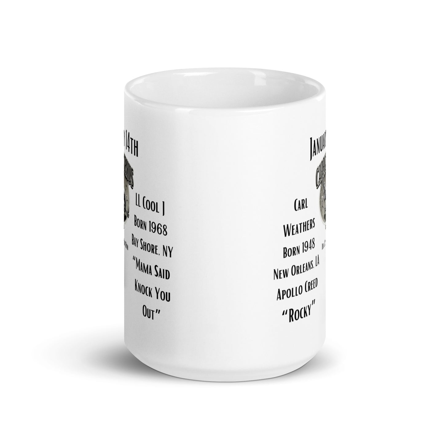 On This Day: Birthday Series - January 14th - (C) Carl Weathers & LL Cool J - White glossy mug