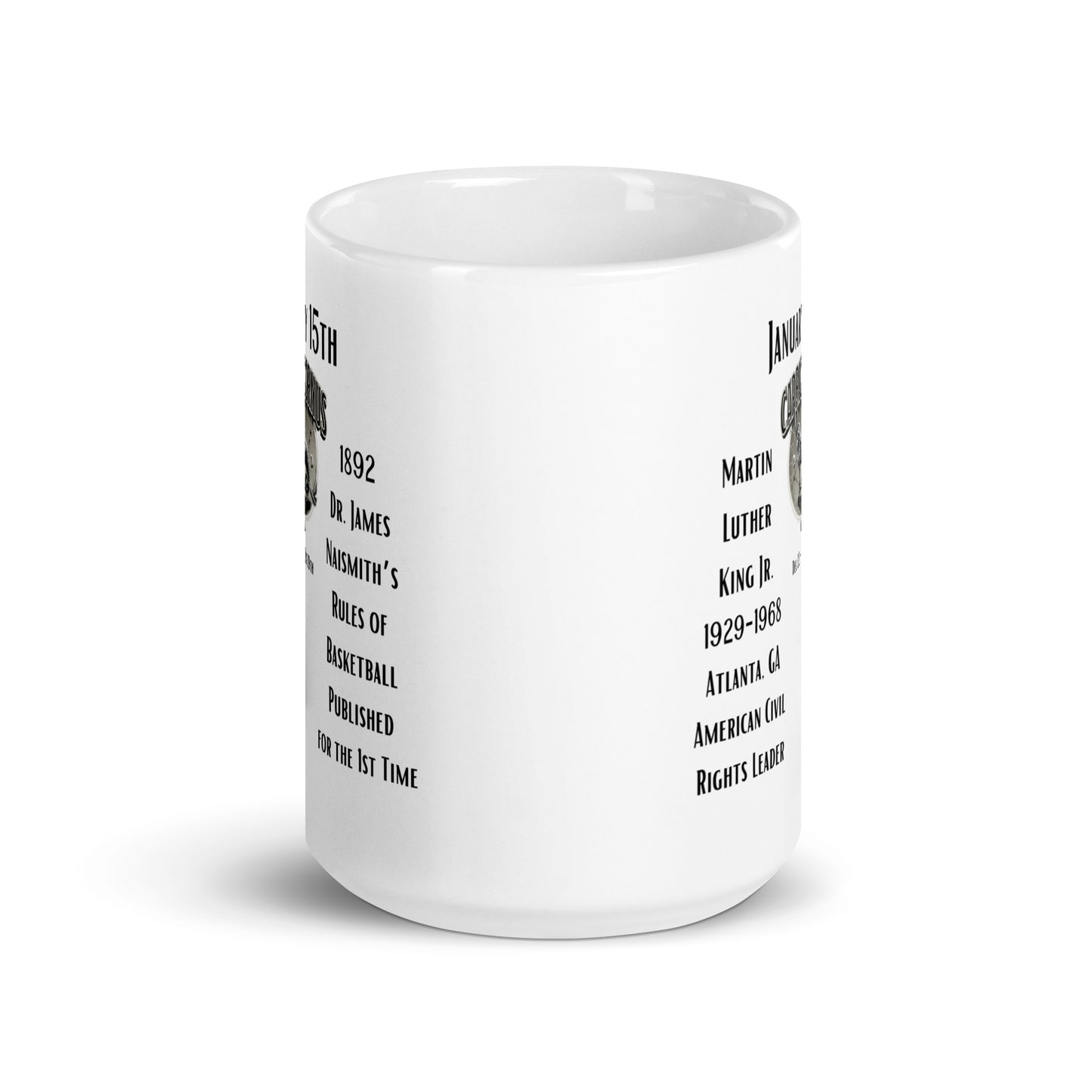 On This Day: Birthday Series - January 15th - (A) Martin Luther King Jr. & Basketball - White glossy mug