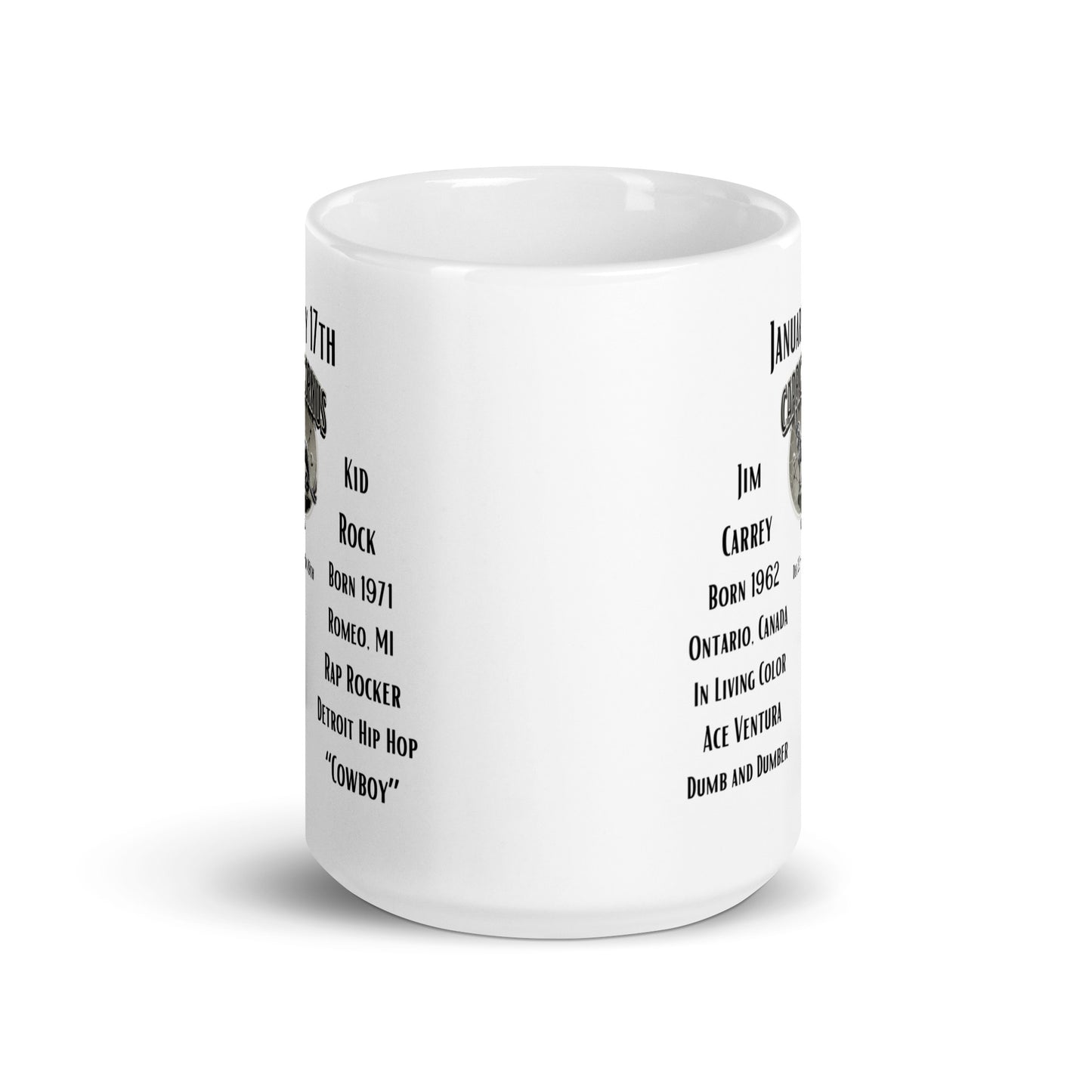 On This Day: Birthday Series - January 17th - (D) Jim Carrey & Kid Rock - White glossy mug