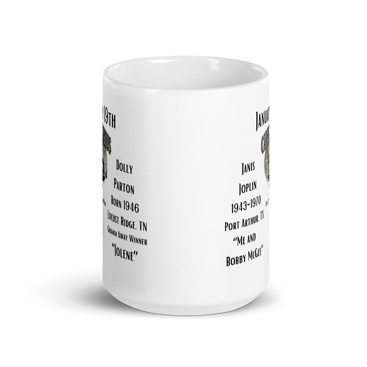 On This Day: Birthday Series - January 19th - (A) Janis Joplin & Dolly Parton - White glossy mug