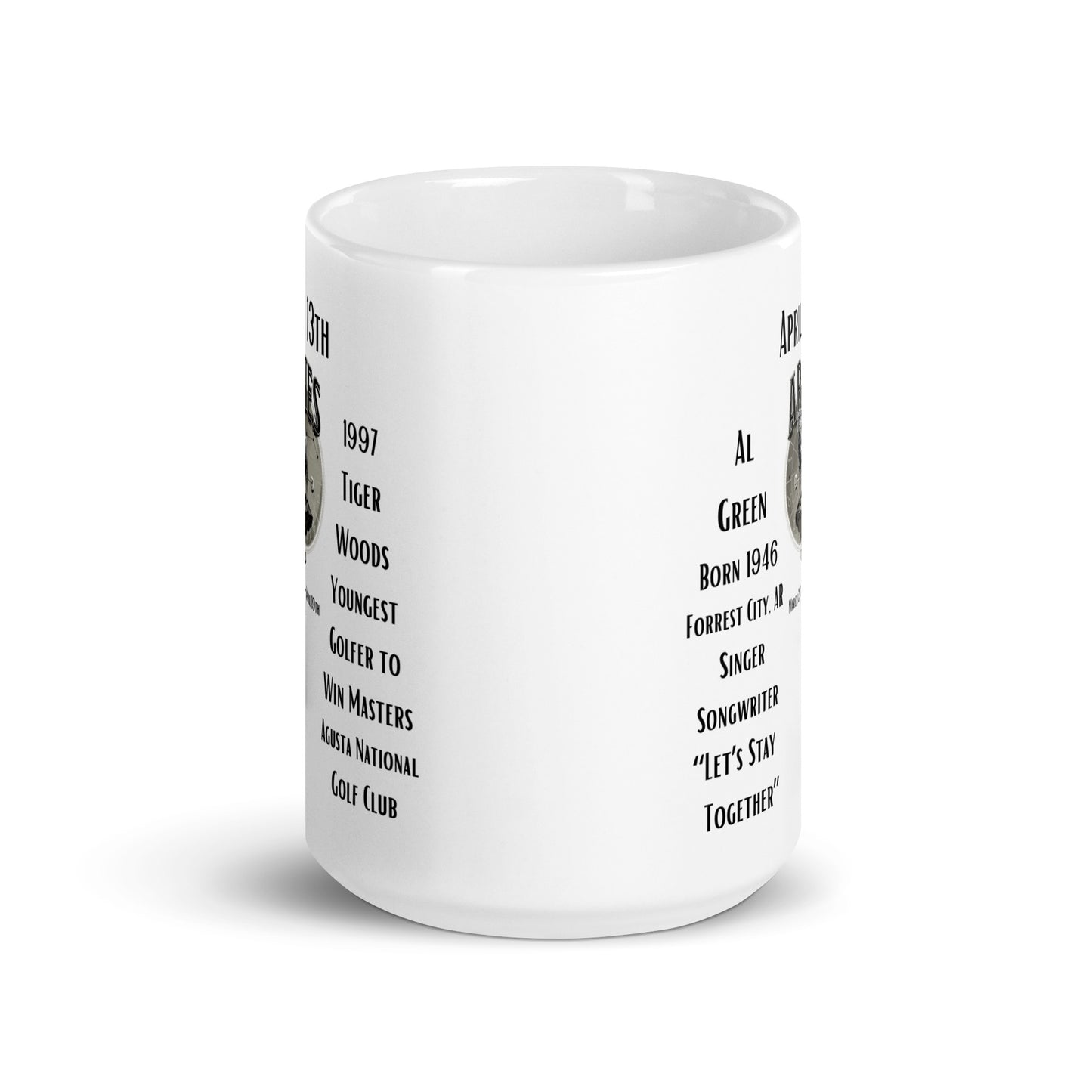 On This Day: Birthday Series - April 13th - (B) Al Green & Tiger Woods - White glossy mug