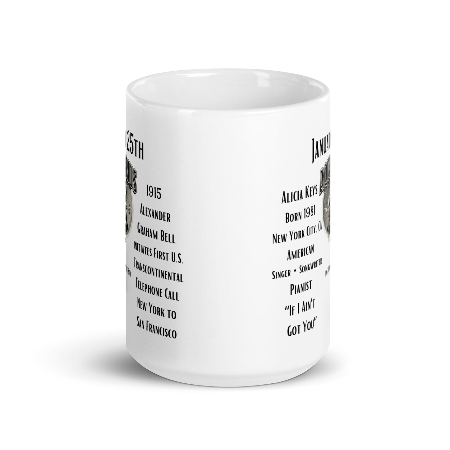 On This Day: Birthday Series - January 25th - (A) Alicia Keys & 1st U.S. Transcontinental Phone Call - White glossy mug