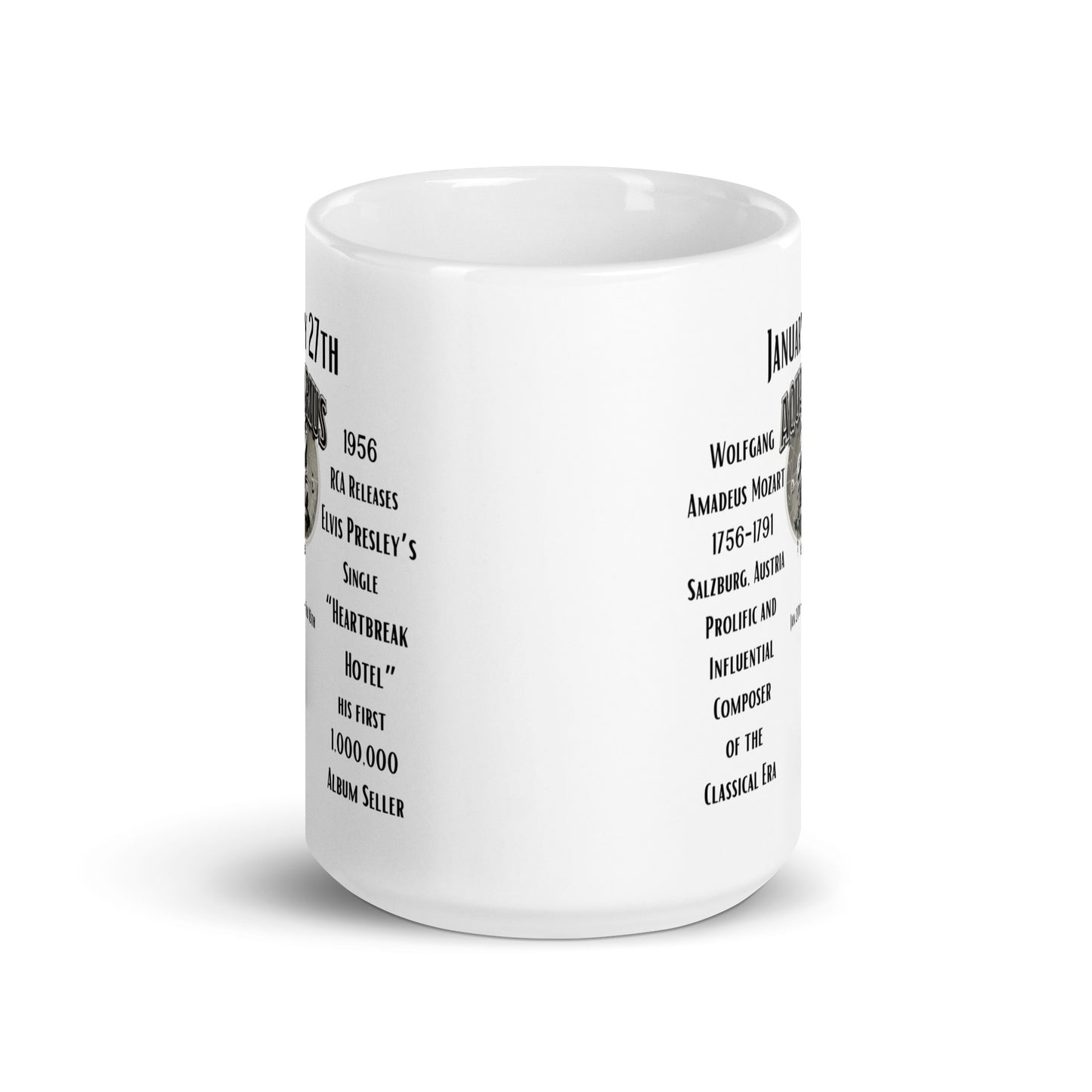 On This Day: Birthday Series - January 27th - (A) Wolfgang Amadeus Mozart & "Heartbreak Hotel" - White glossy mug