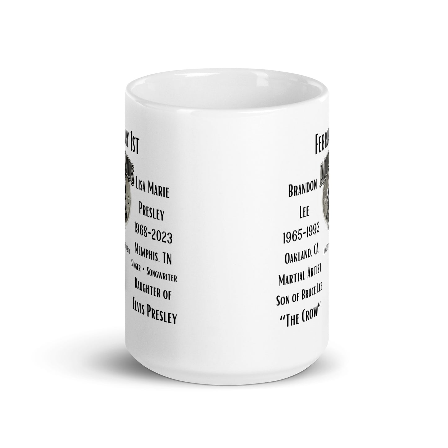 On This Day: Birthday Series - February 01st - (B) Brandon Lee & Lisa Marie Presley - White glossy mug