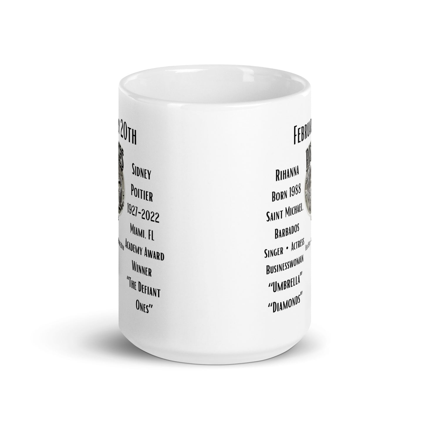 On This Day: Birthday Series - February 20th - (B) Rihanna & Sidney Poitier - White glossy mug