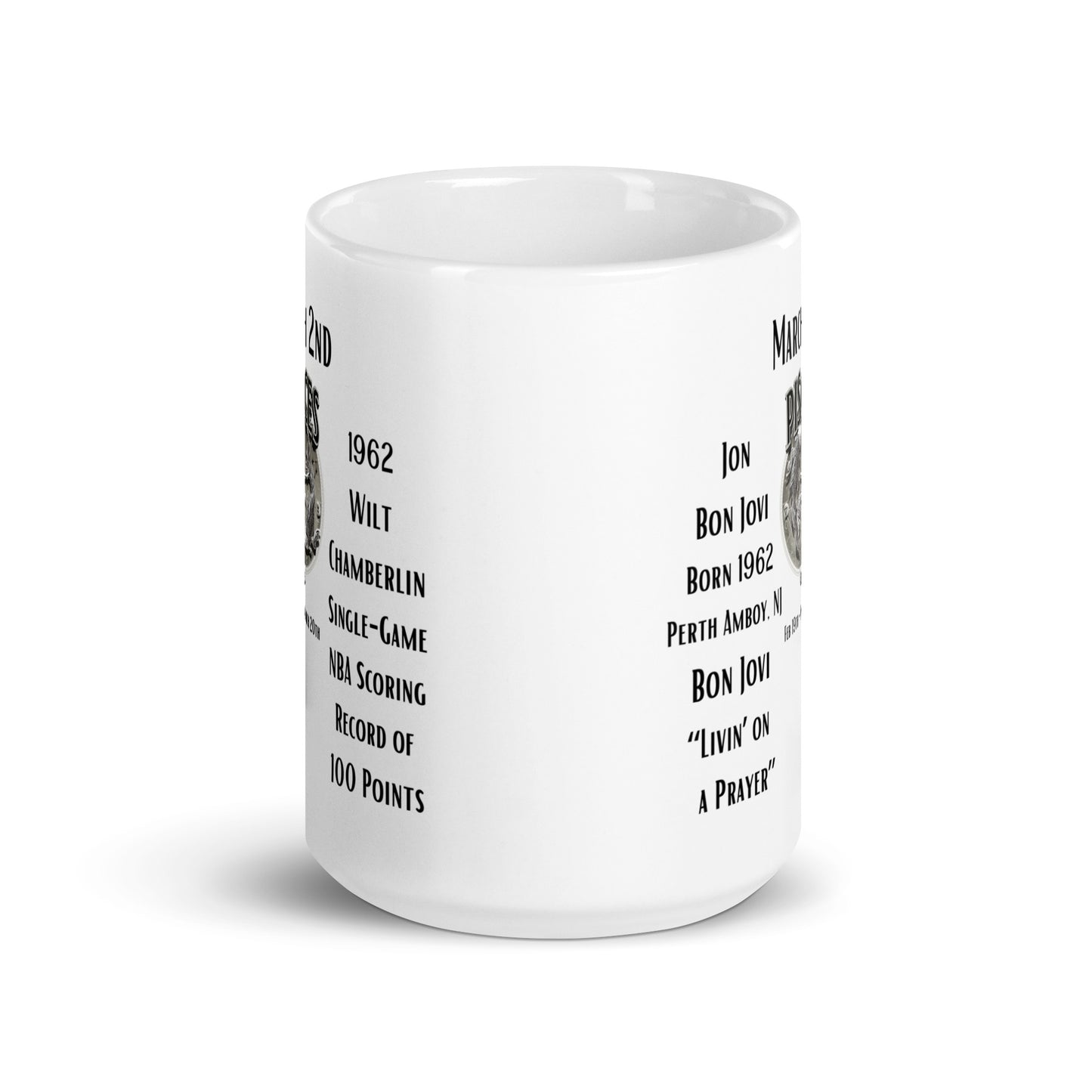 On This Day: Birthday Series - March 02nd - (A) Jon Bon Jovi & Wilt Chamberlin - White glossy mug