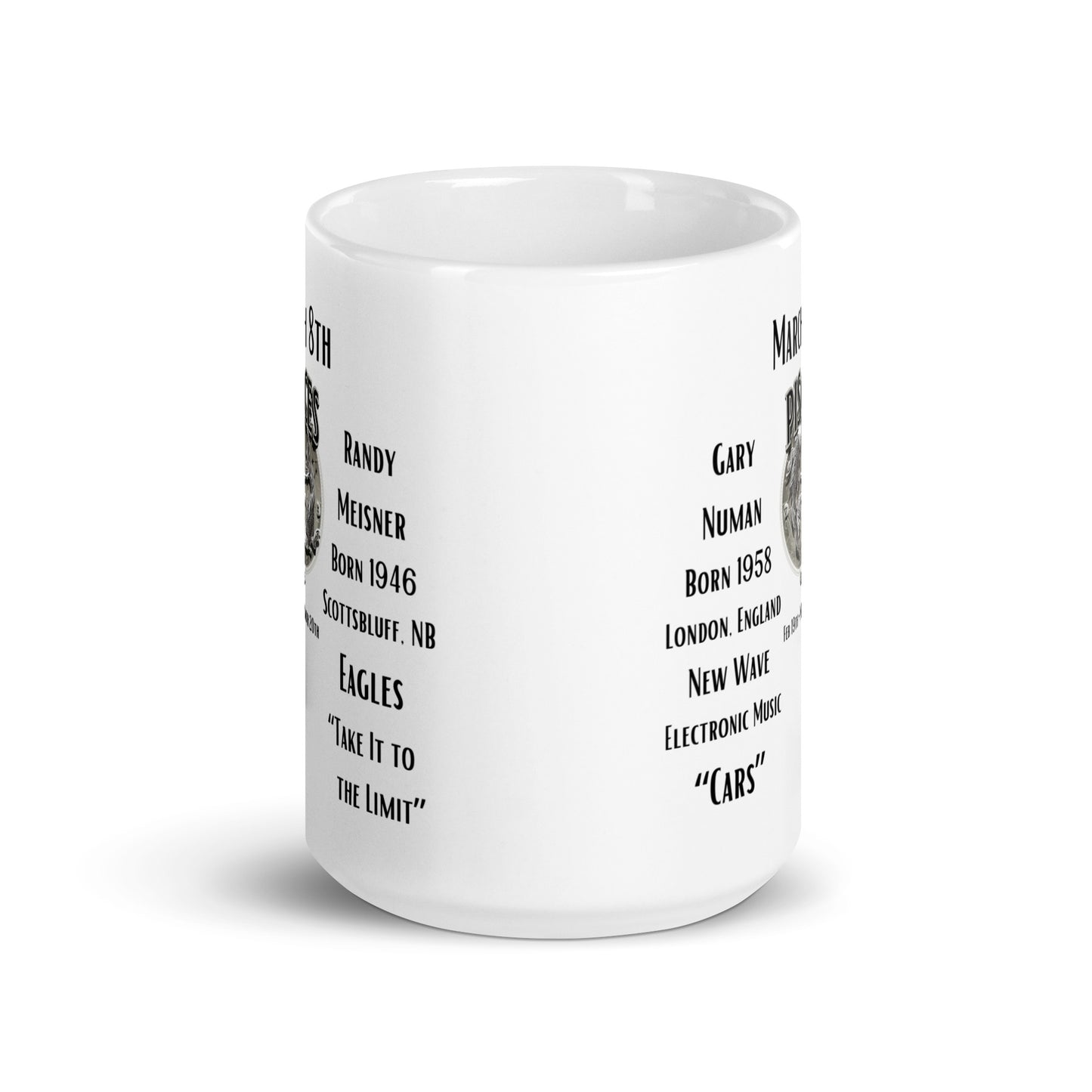 On This Day: Birthday Series - March 08th - (A) Gary Numan & Randy Meisner - White glossy mug