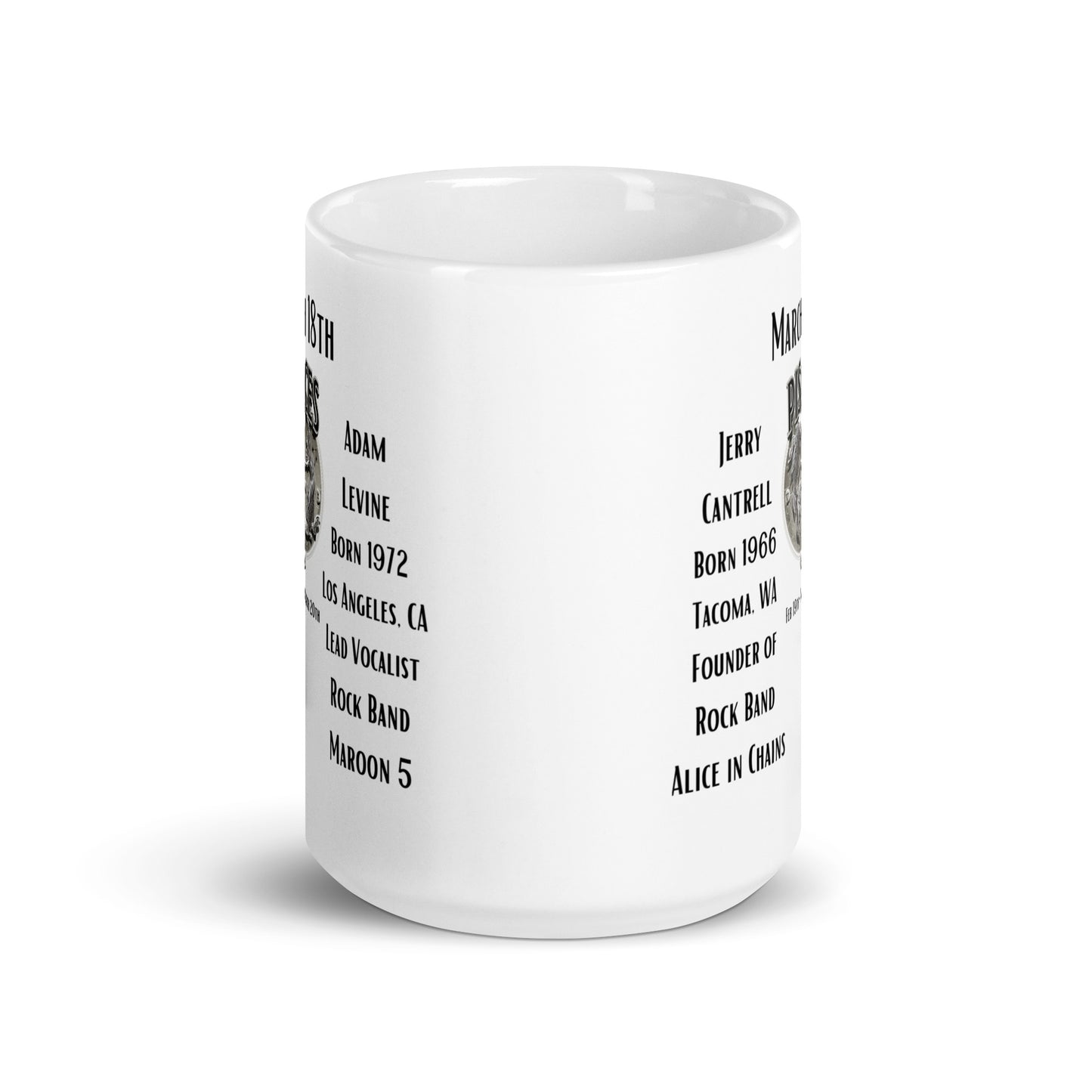 On This Day: Birthday Series - March 18th - (B) Jerry Cantrell & Adam Levine - White glossy mug