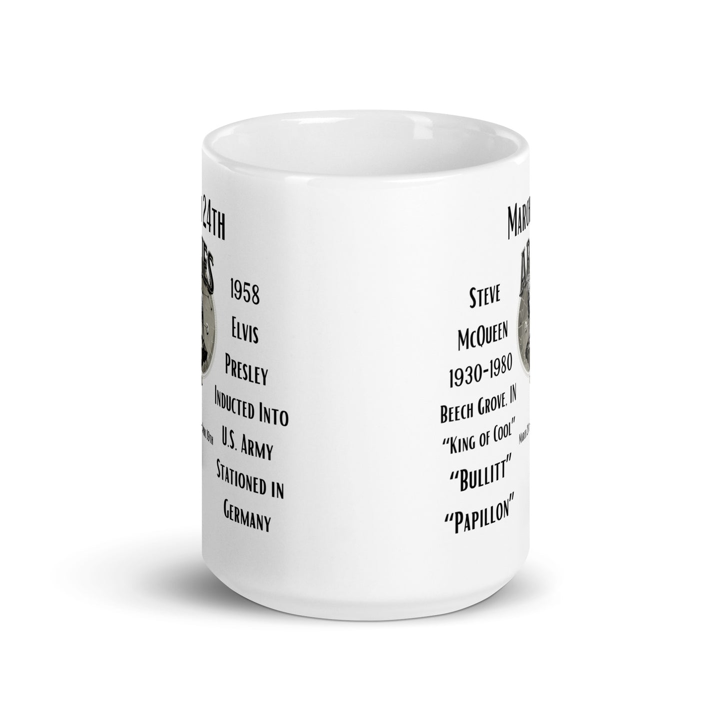 On This Day: Birthday Series - March 24th - (A) Steve McQueen & Elvis Presley - White glossy mug