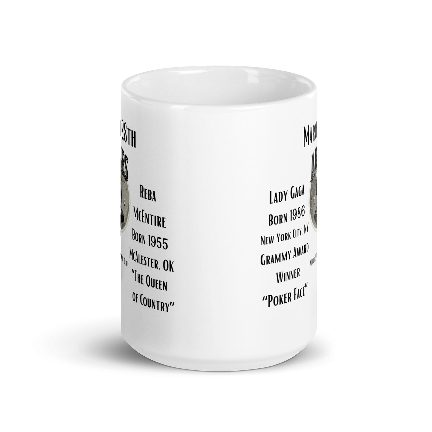 On This Day: Birthday Series - March 28th - (A) Lady Gaga & Reba McEntire - White glossy mug