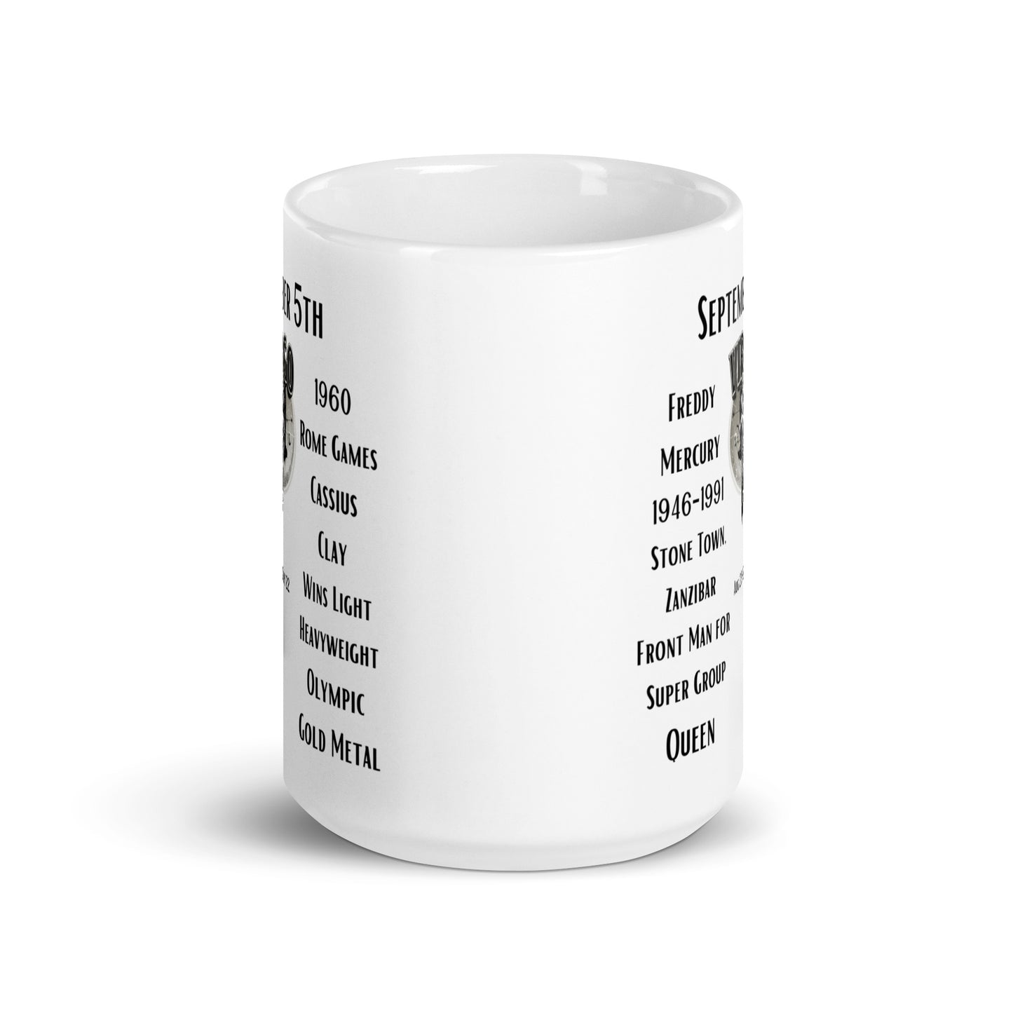 On This Day: Birthday Series - September 05th - (B) Freddy Mercury & Cassius Clay - White glossy mug