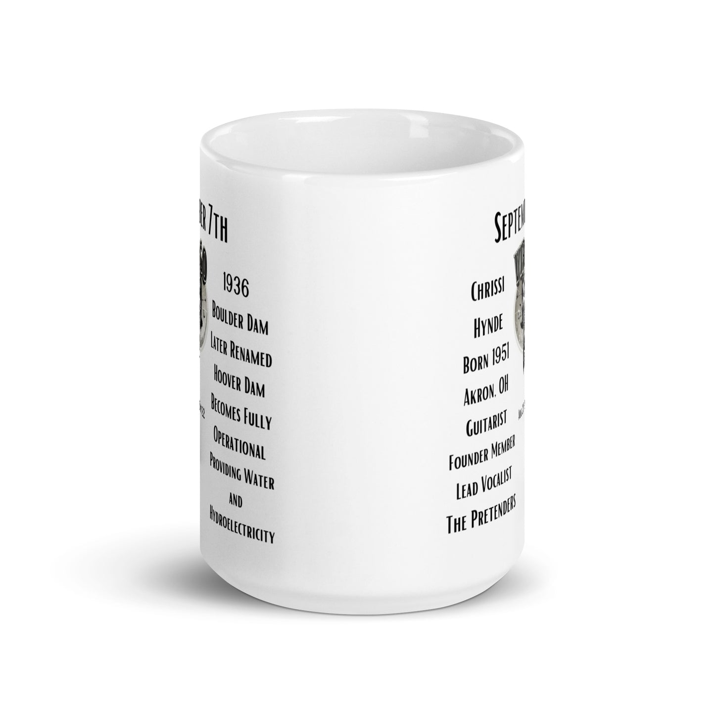 On This Day: Birthday Series - September 07th - (B) Chrissie Hynde & the Boulder Dam - White glossy mug