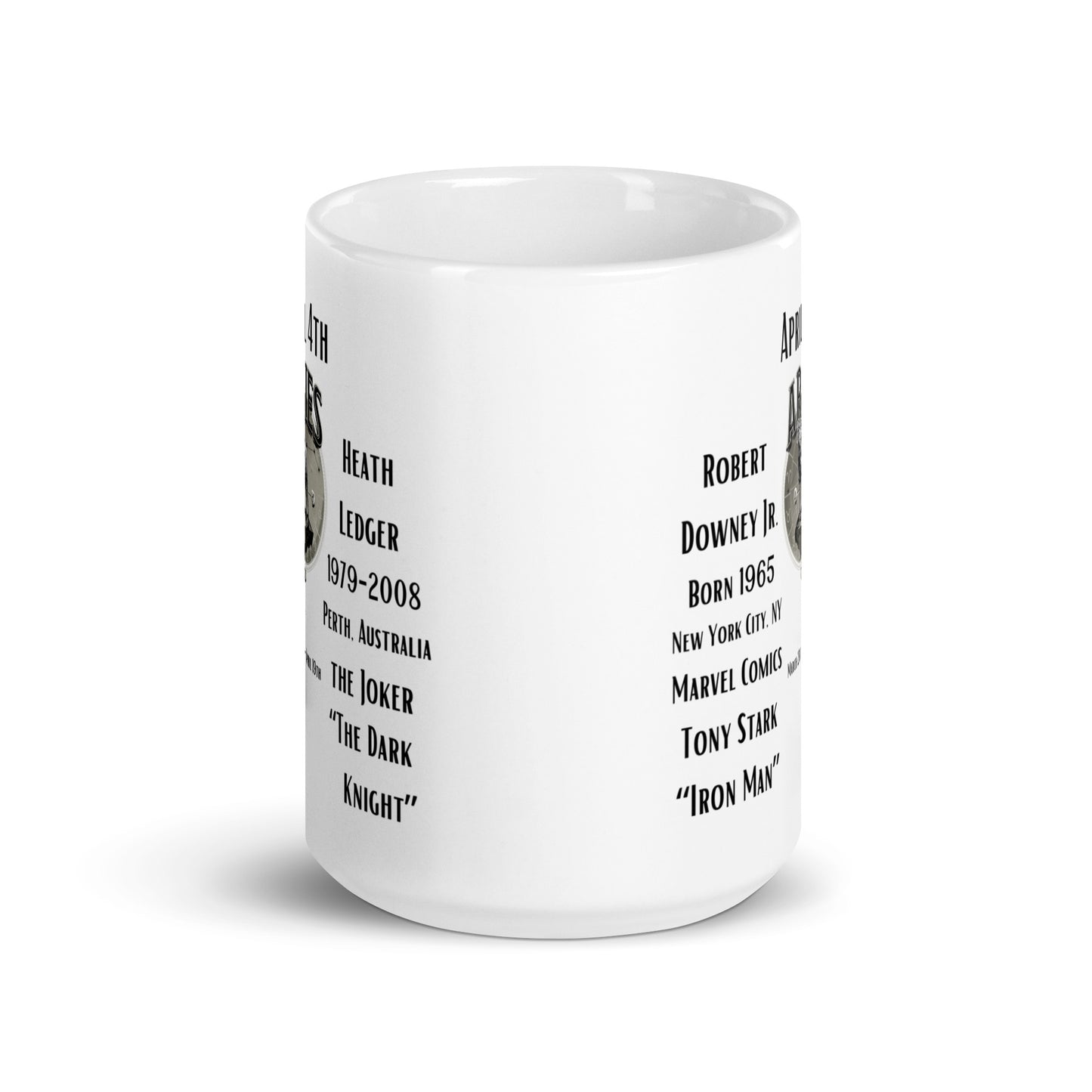 On This Day: Birthday Series - April 04th - (A) Robert Downey Jr. & Heath Ledger - White glossy mug