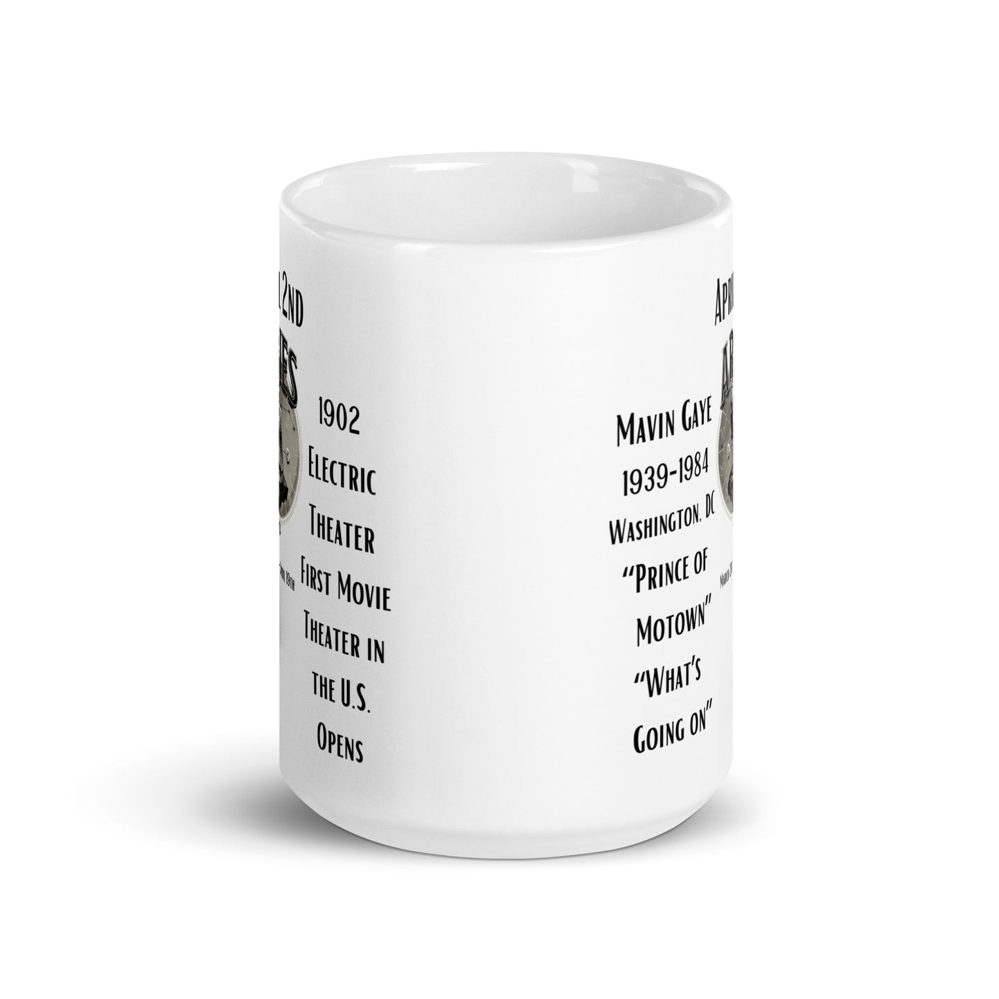 On This Day: Birthday Series - April 02nd - (A) Marvin Gaye & 1st U.S. Movie Theater - White glossy mug