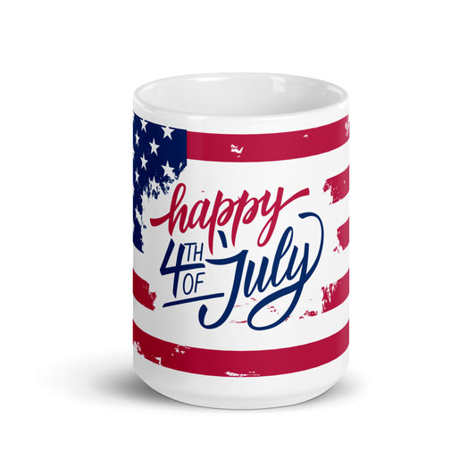 4th of July #01 "Happy 4th of July" w/ Print Inside American Flag Full Wrap White glossy mug