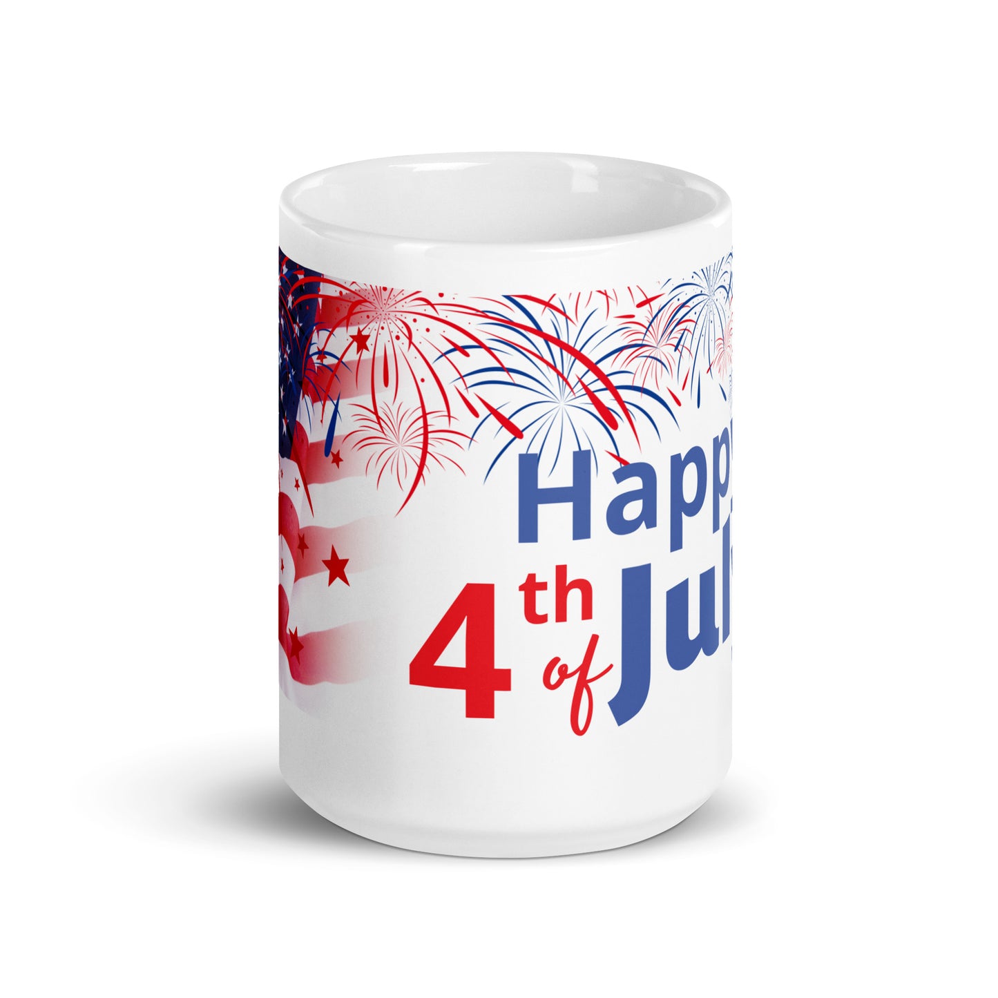 4th of July #02 "Happy 4th of July" w/ Flag & Fireworks Full Wrap White Glossy Mug