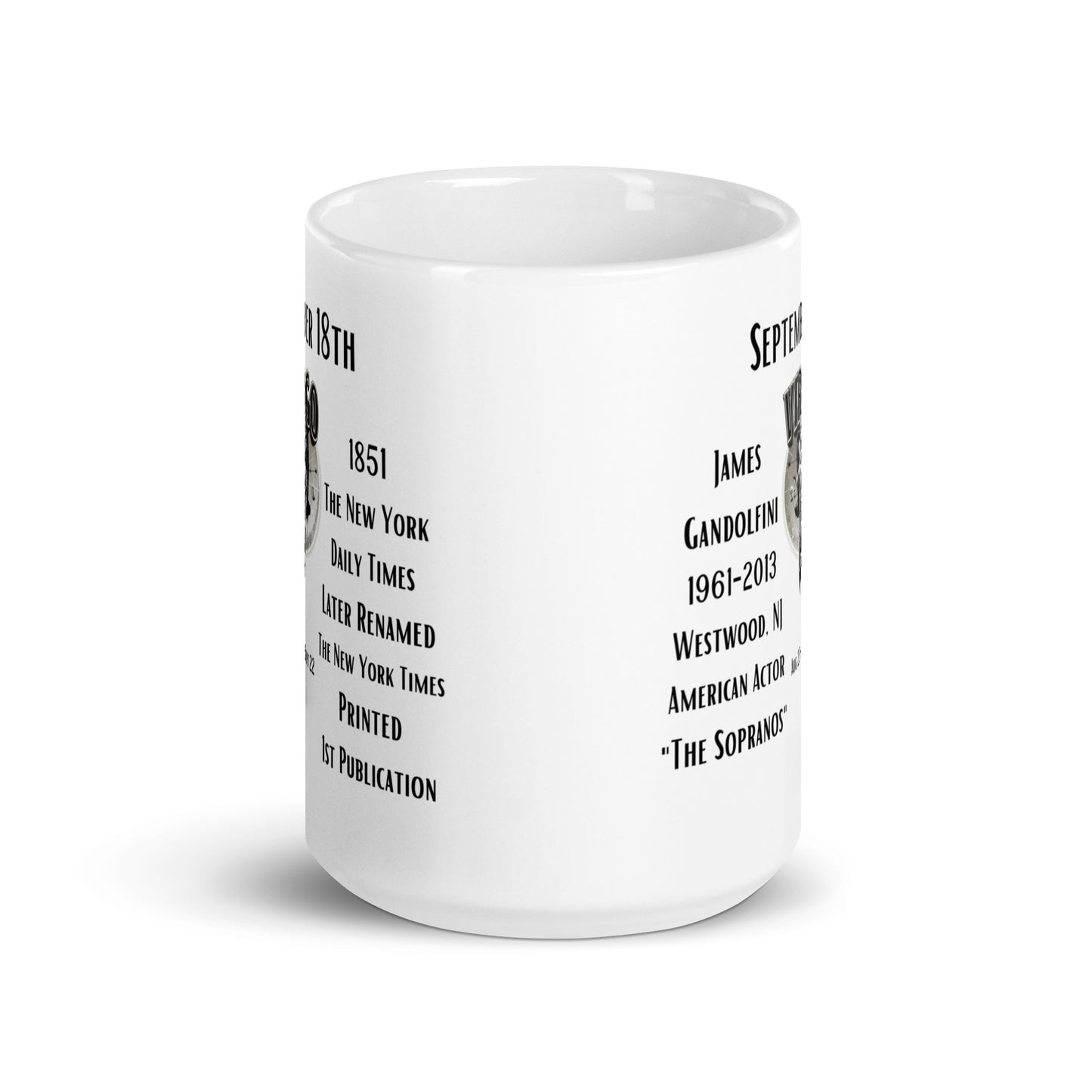 On This Day: Birthday Series - September 18th - (A) James Gandolfini & The New York Times - White glossy mug