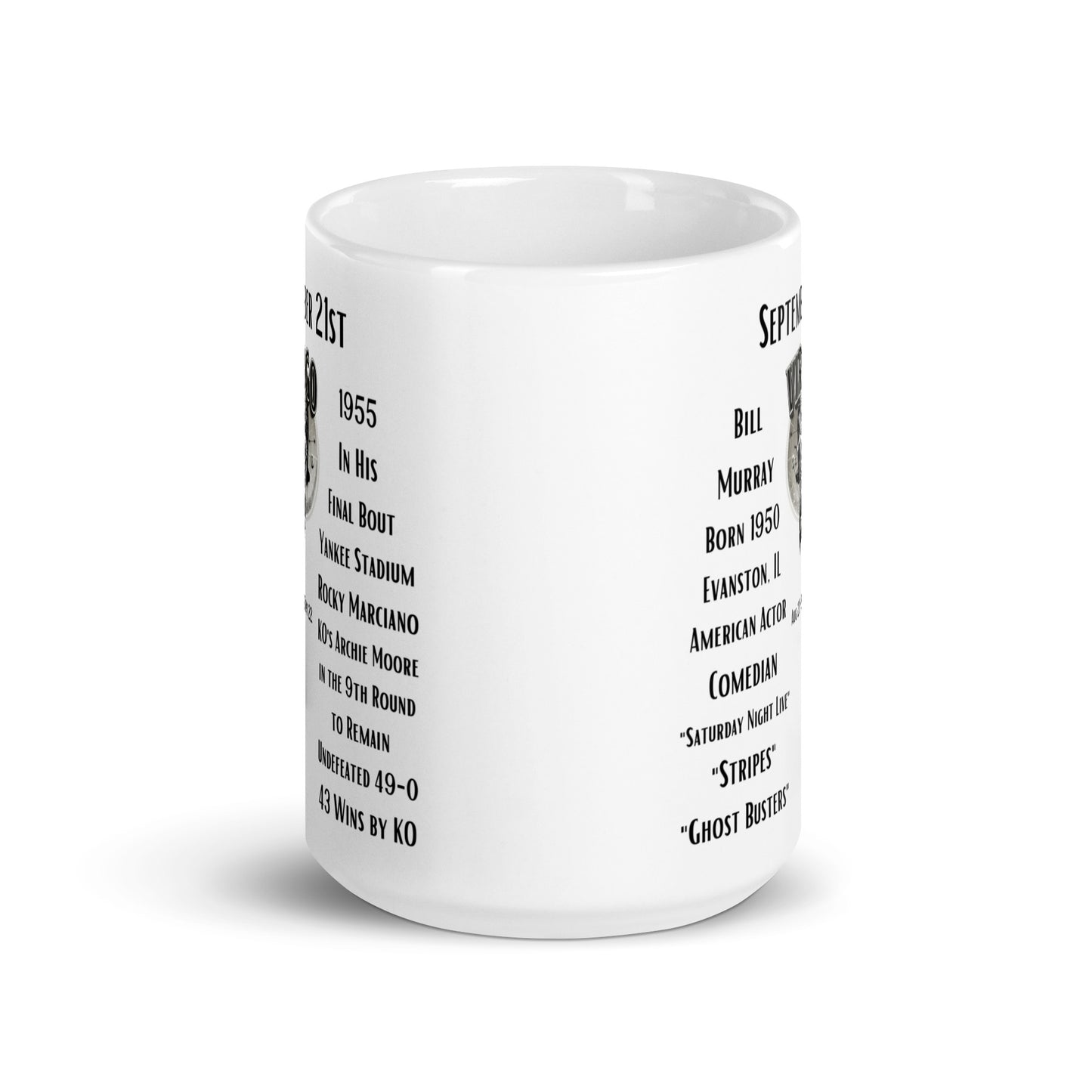 On This Day: Birthday Series - September 21st - (A) Bill Murray & Rocky Marciano - White glossy mug