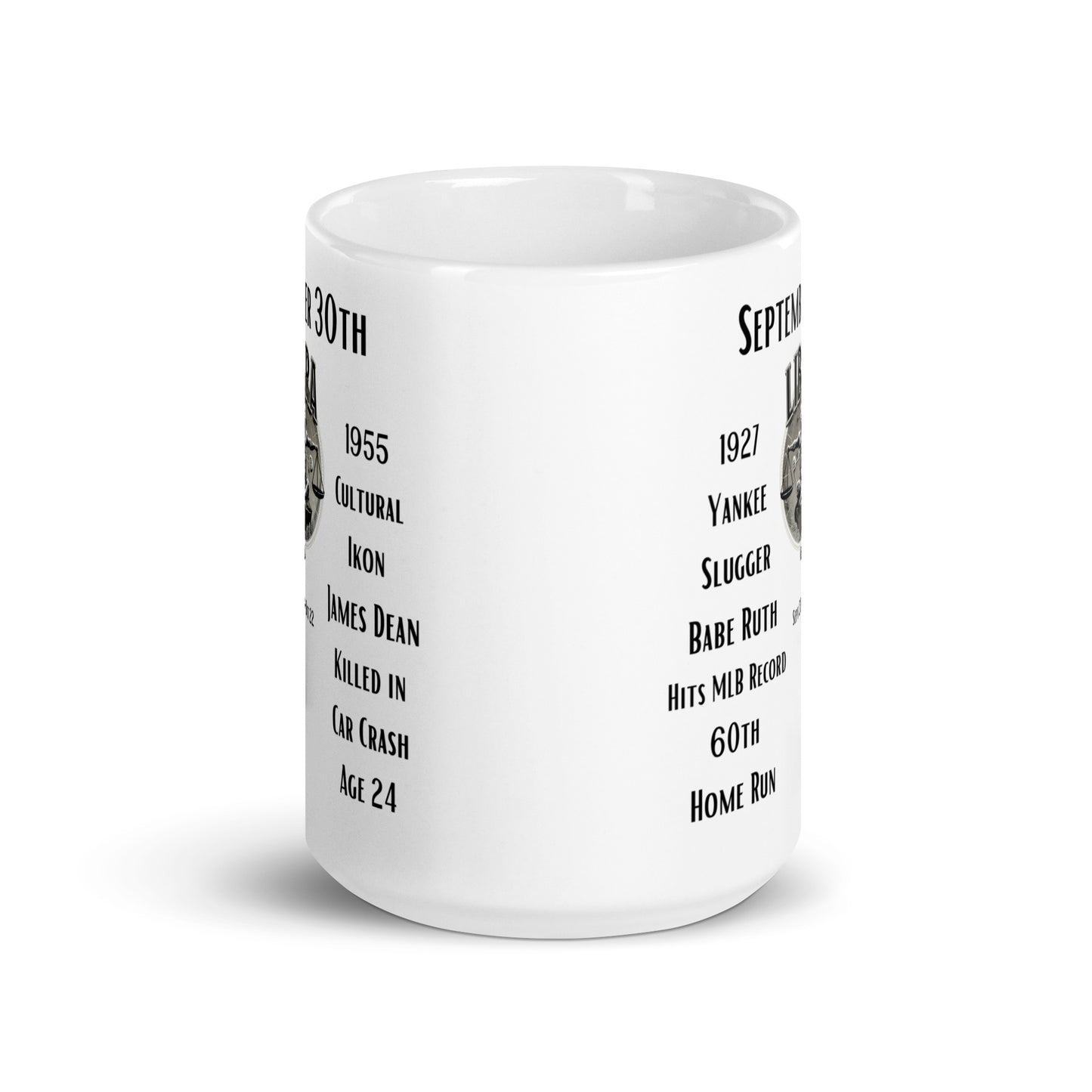 On This Day: Birthday Series - September 30th - (C) Babe Ruth & James Dean - White glossy mug