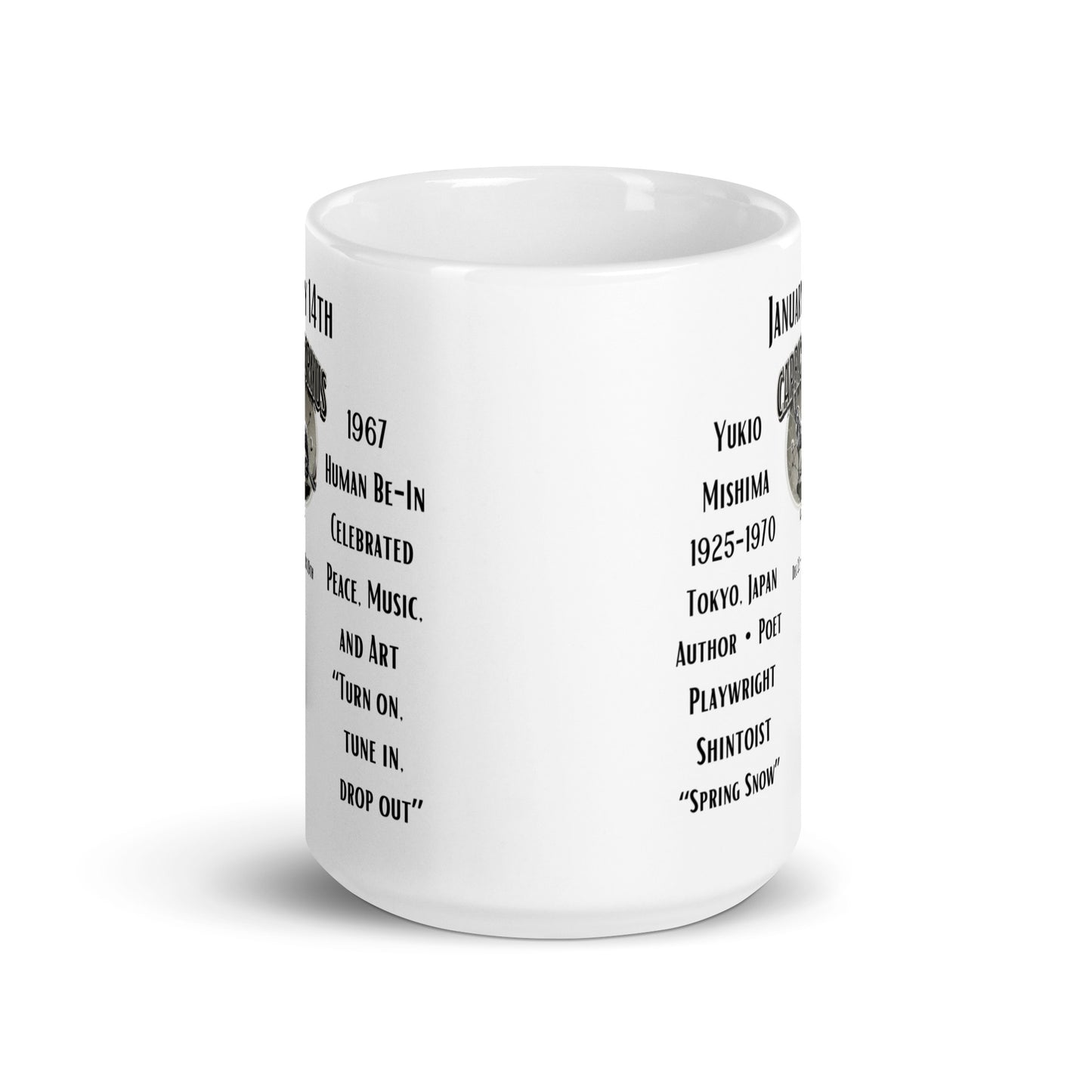 On This Day: Birthday Series - January 14th - (D) Yukio Mishima & Human Be-In Event - White glossy mug