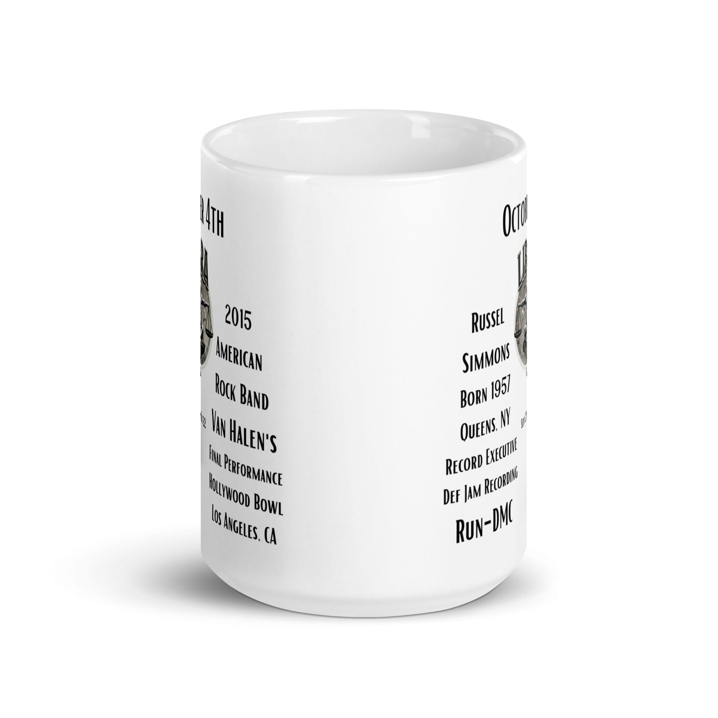 On This Day: Birthday Series - October 04th - (B) Russell Simmons & Van Halen - White glossy mug