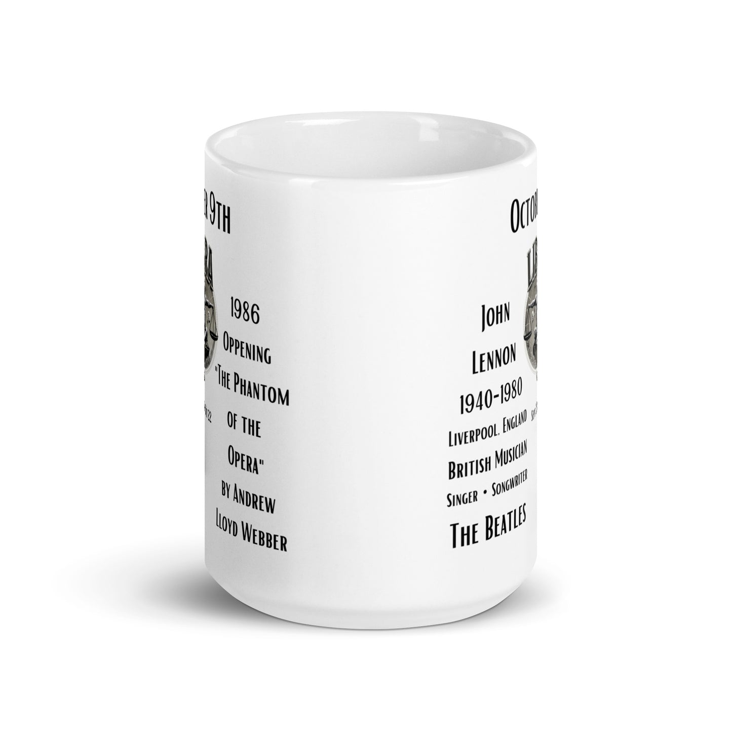 On This Day: Birthday Series - October 09th - (C) John Lennon & Phantom of the Opera - White glossy mug